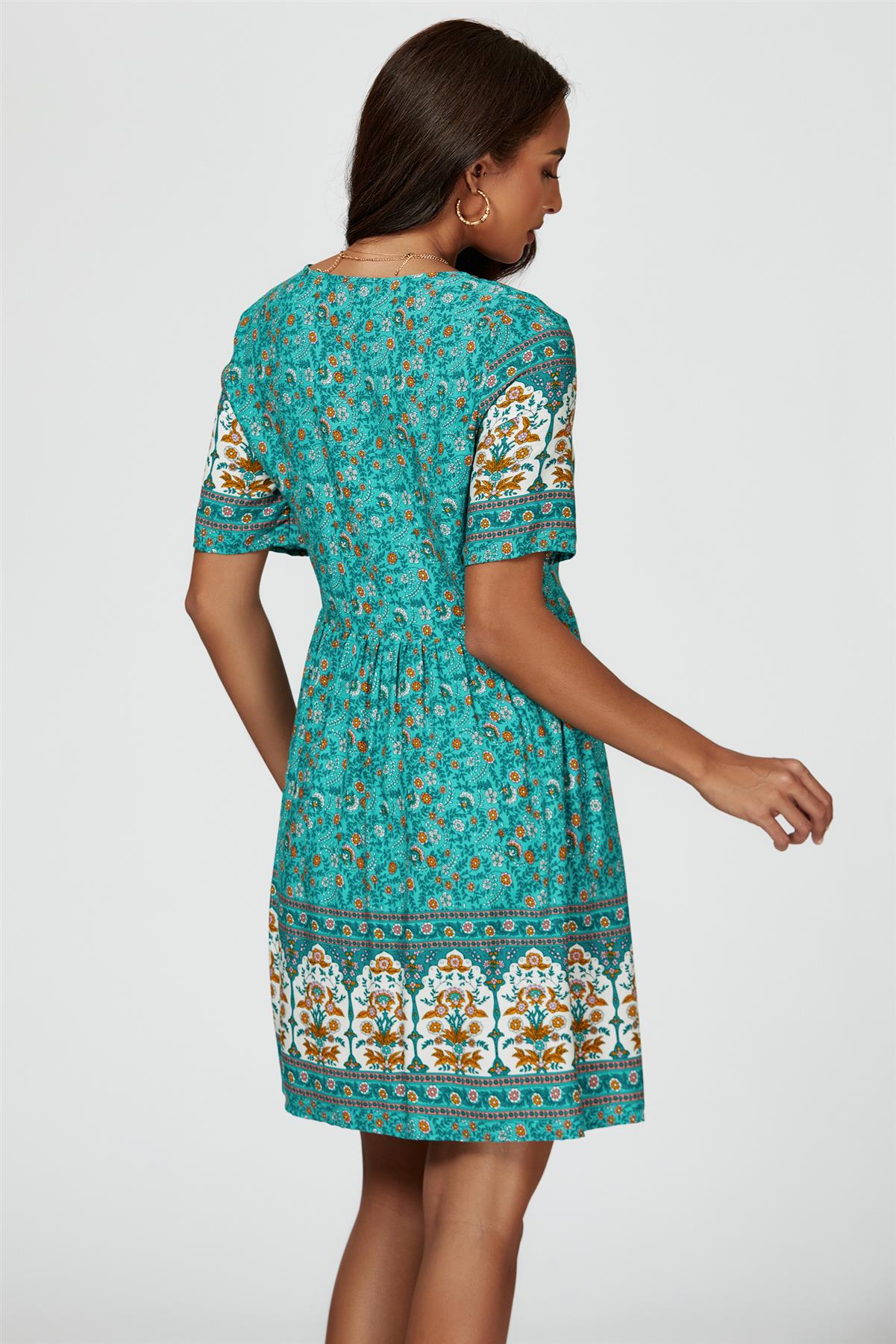Print Boho Mini Dress In Green - AXON