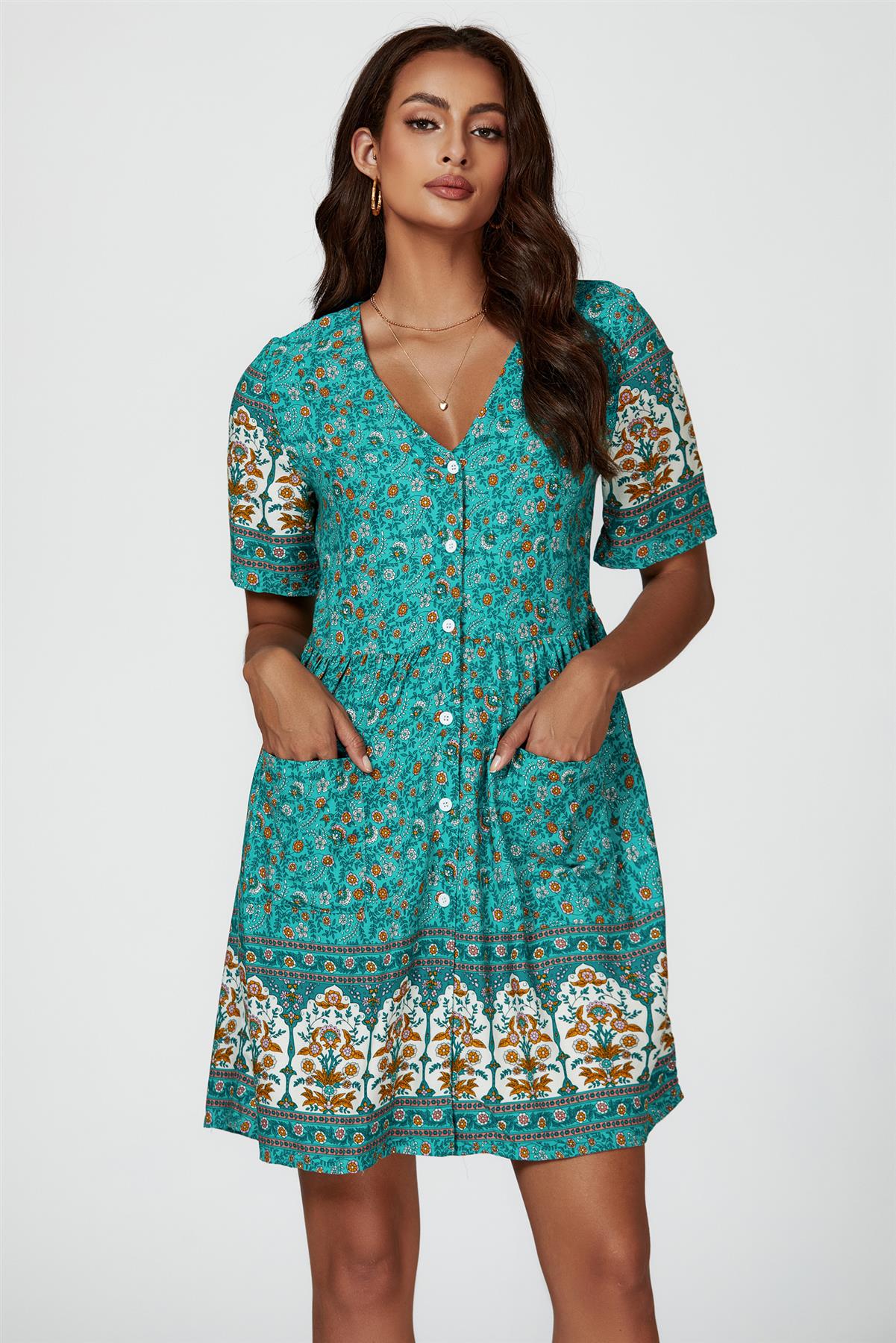 Print Boho Mini Dress In Green - AXON