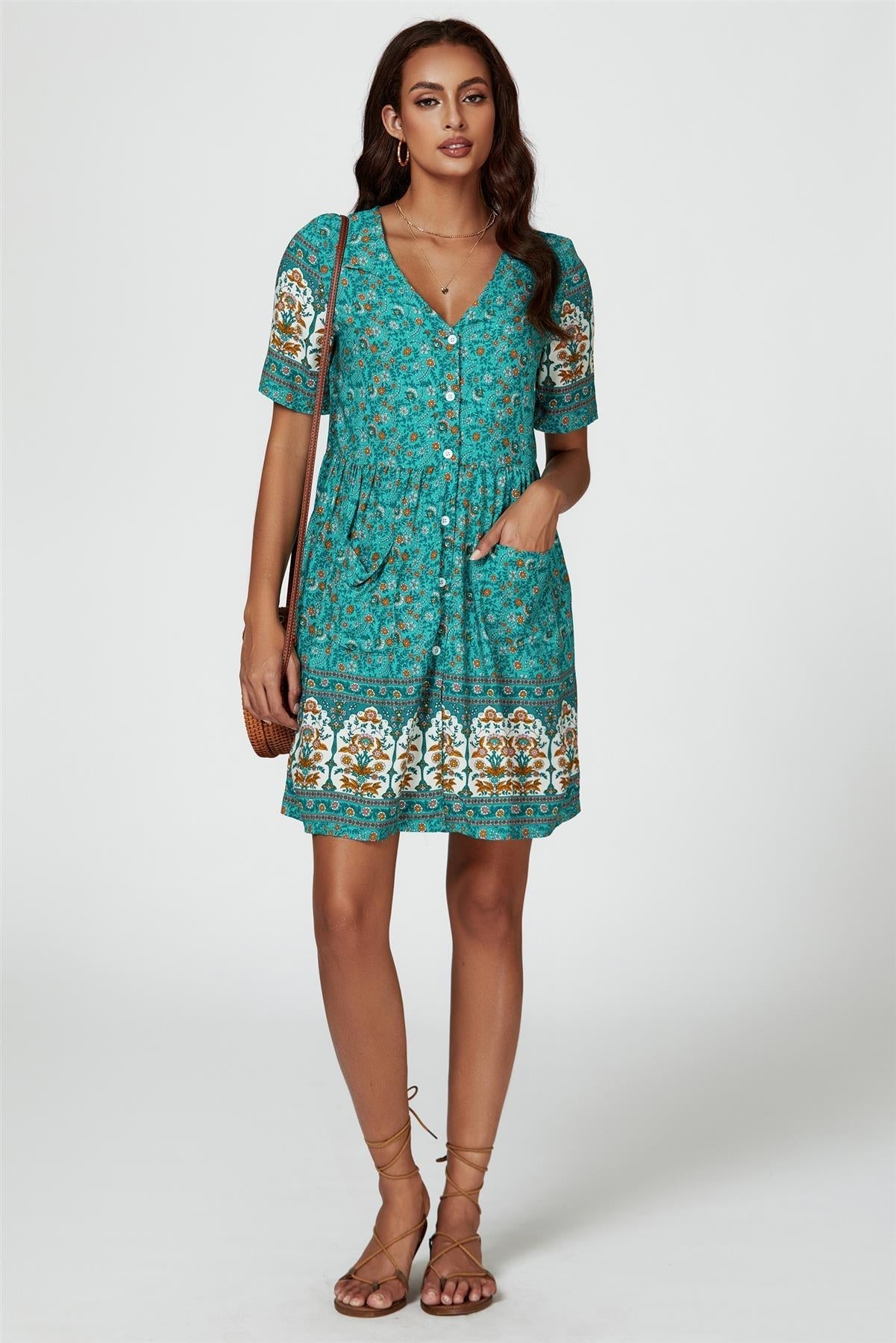 Print Boho Mini Dress In Green - AXON