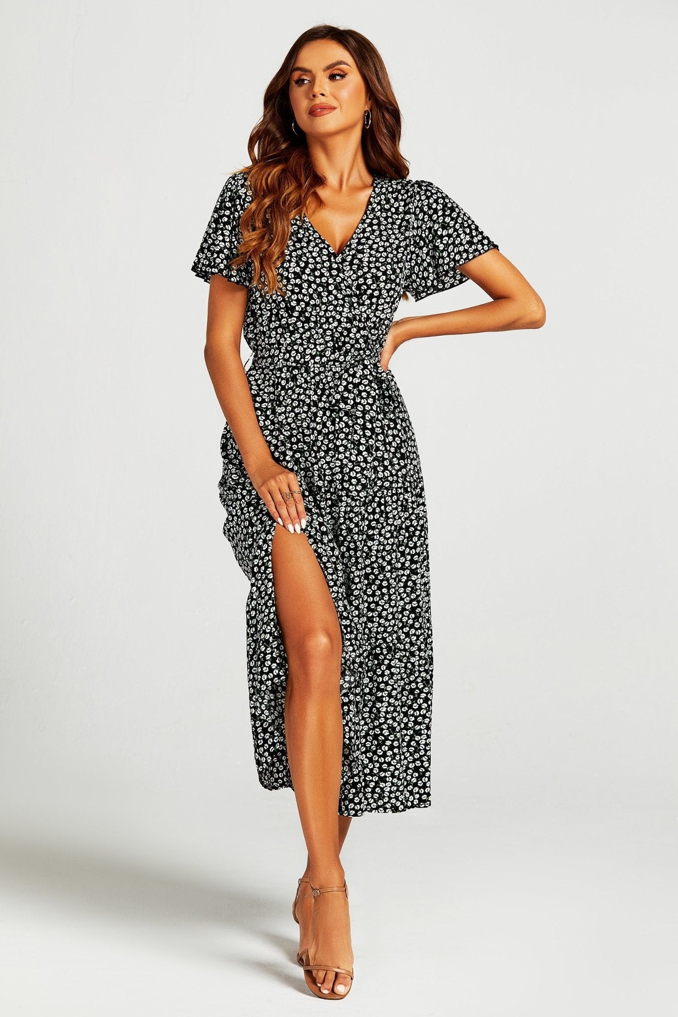 Printed Hem Tiered Wrap Neckline Midi Dress with Split Leg in Black - AXON