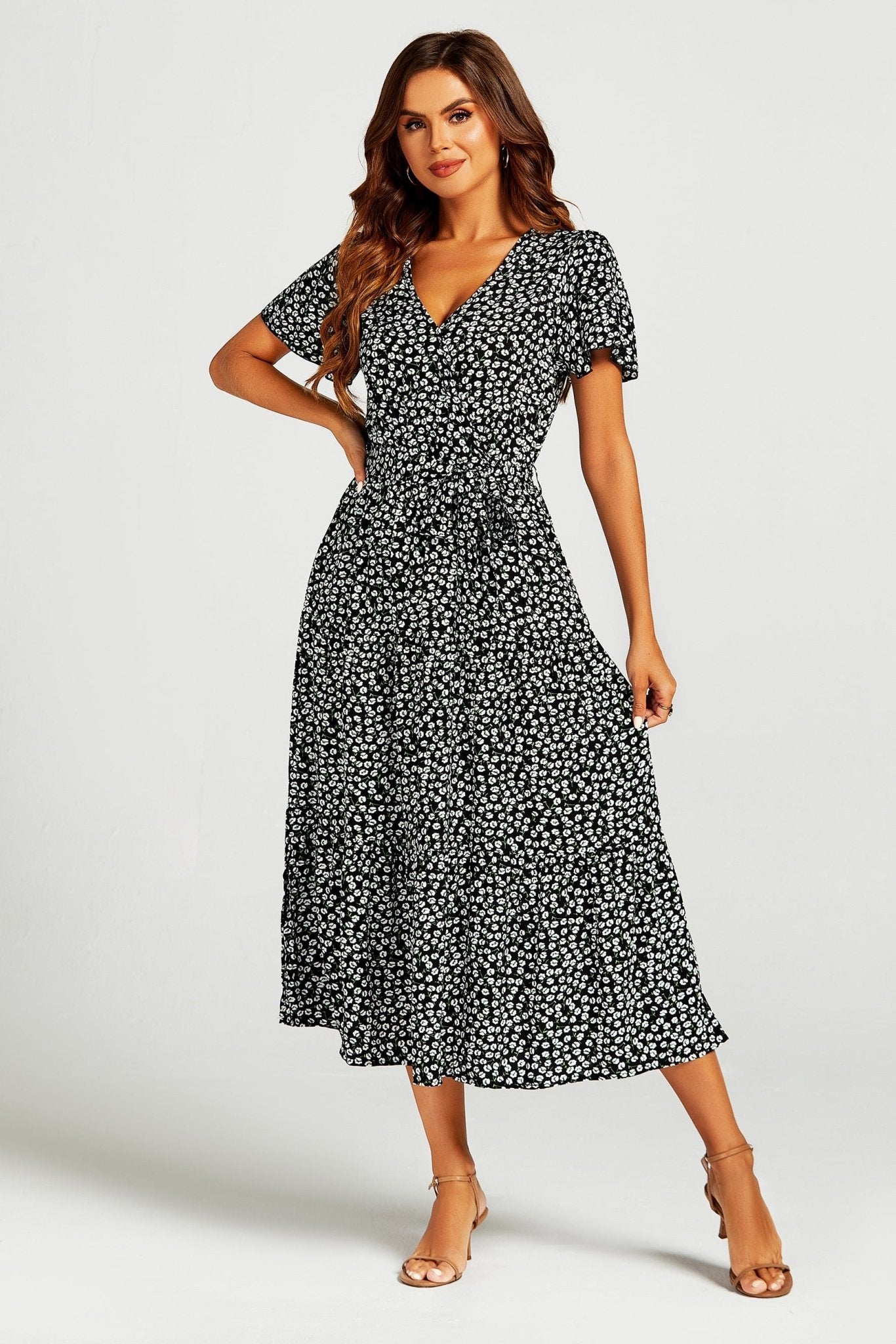 Printed Hem Tiered Wrap Neckline Midi Dress with Split Leg in Black - AXON