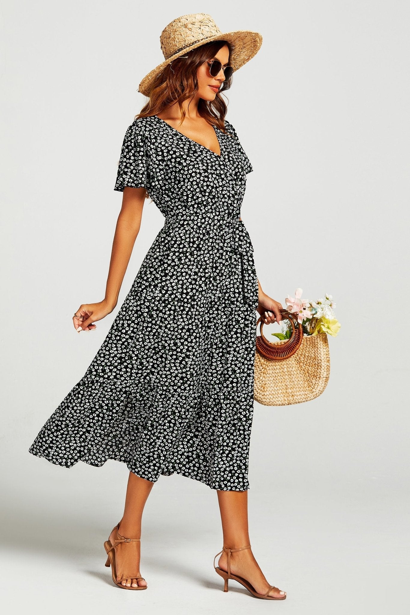 Printed Hem Tiered Wrap Neckline Midi Dress with Split Leg in Black - AXON