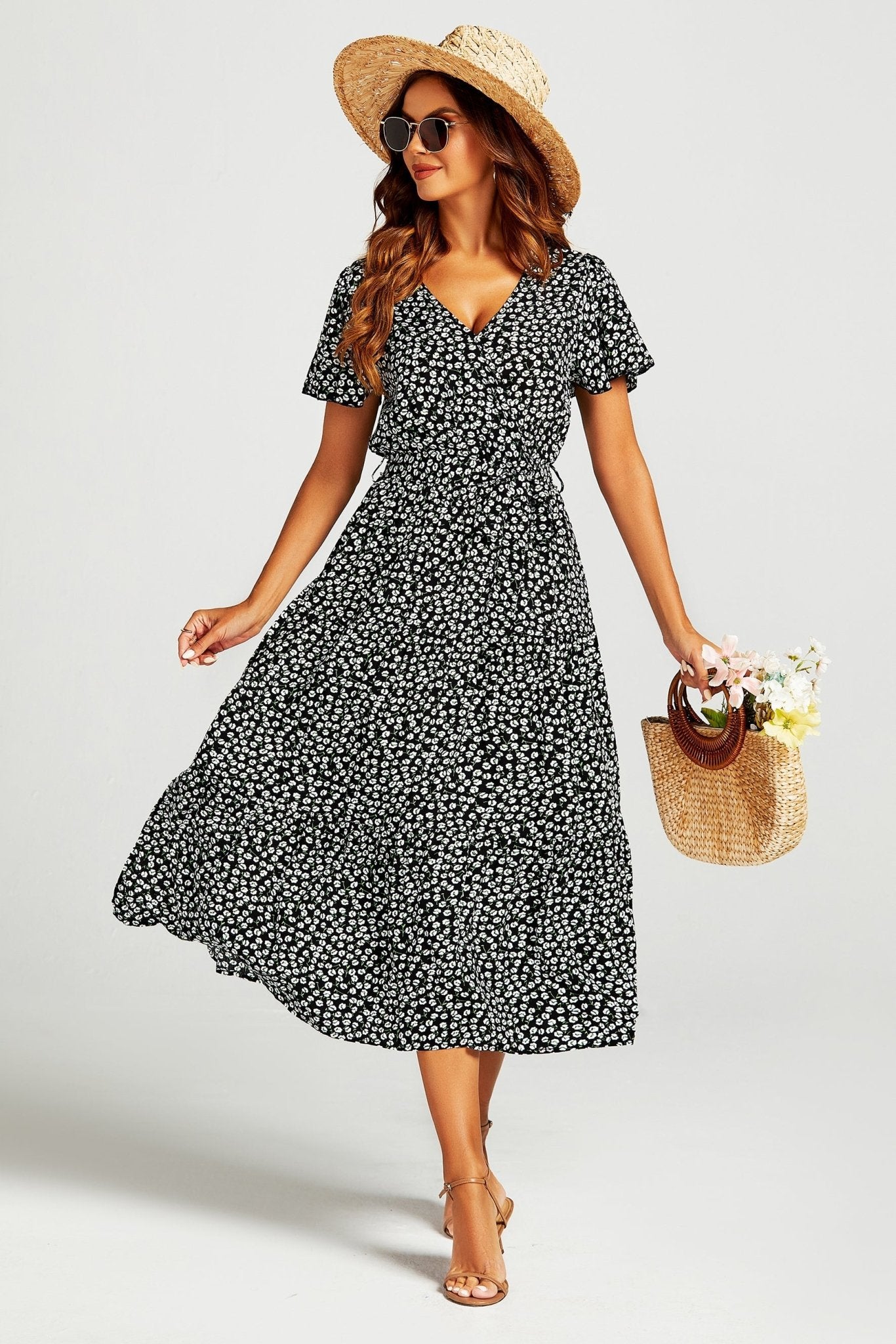 Printed Hem Tiered Wrap Neckline Midi Dress with Split Leg in Black - AXON