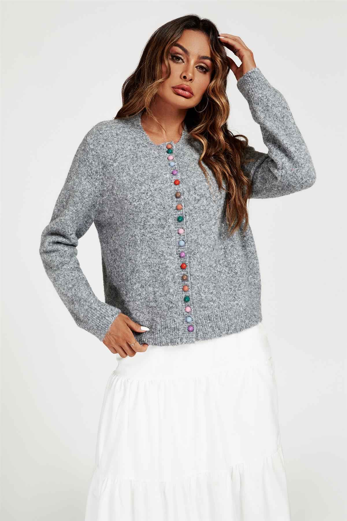 Rainbow Buttons Cardigan In Grey - AXON