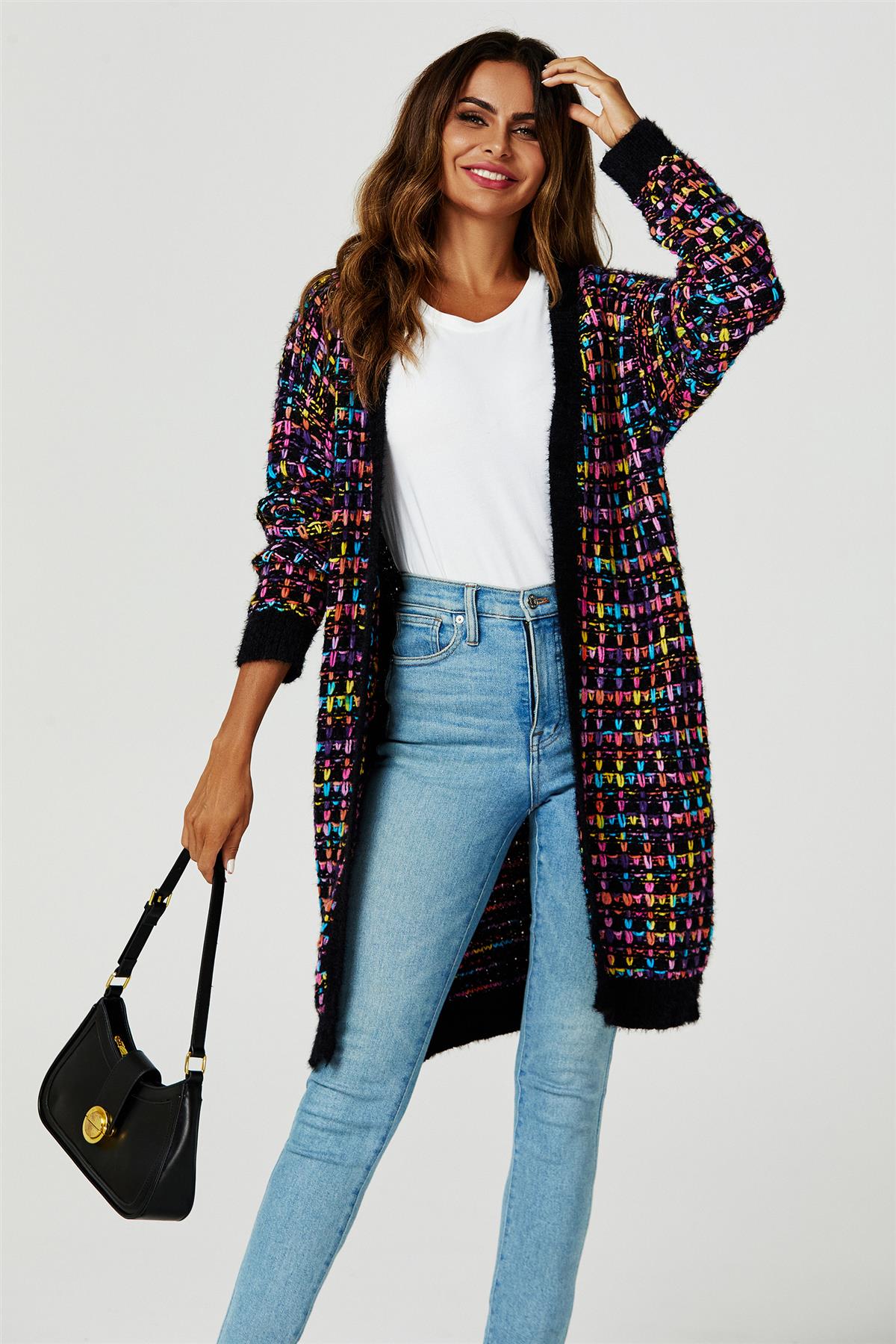 Rainbow Multicolour Speckles Boucle Check Cardigan In Black - AXON