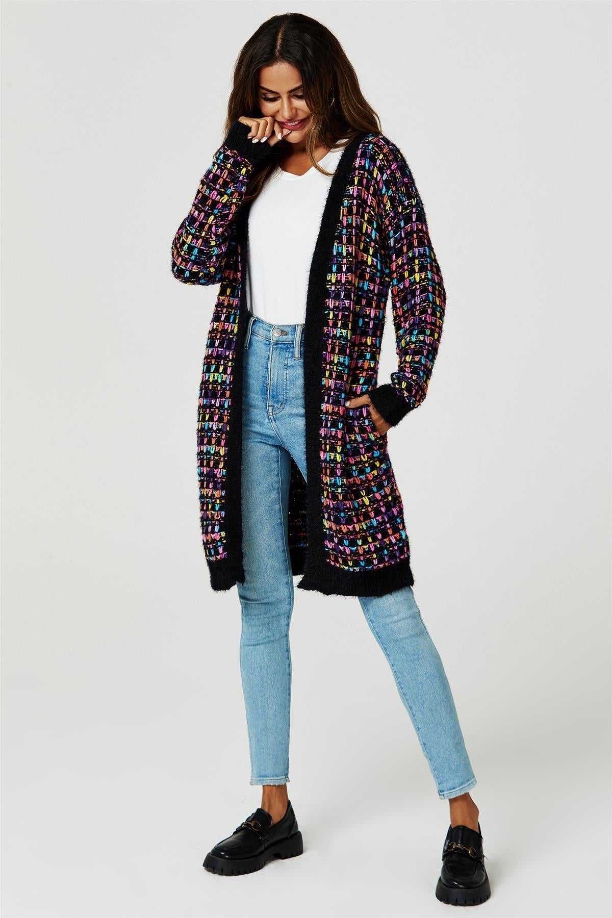 Rainbow Multicolour Speckles Boucle Check Cardigan In Black - AXON