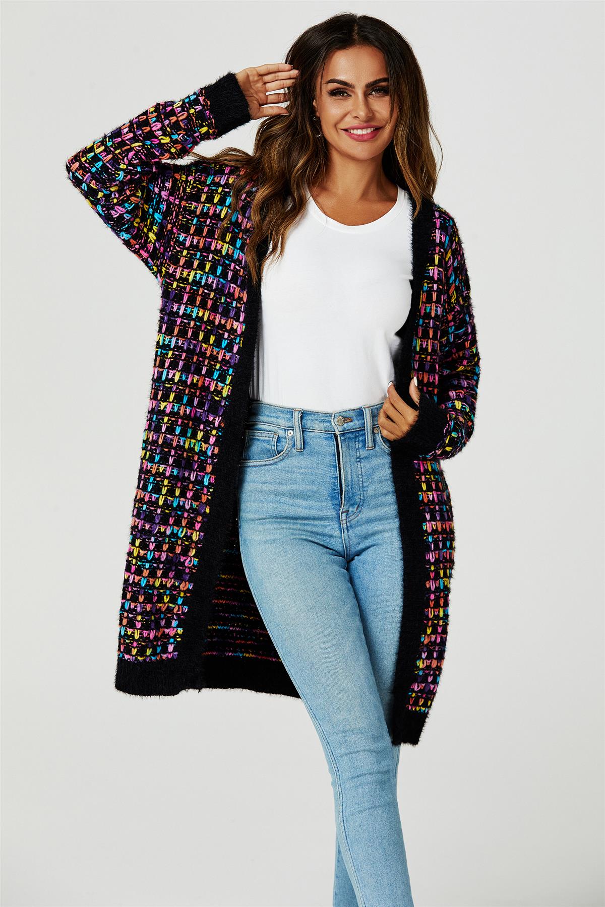 Rainbow Multicolour Speckles Boucle Check Cardigan In Black - AXON