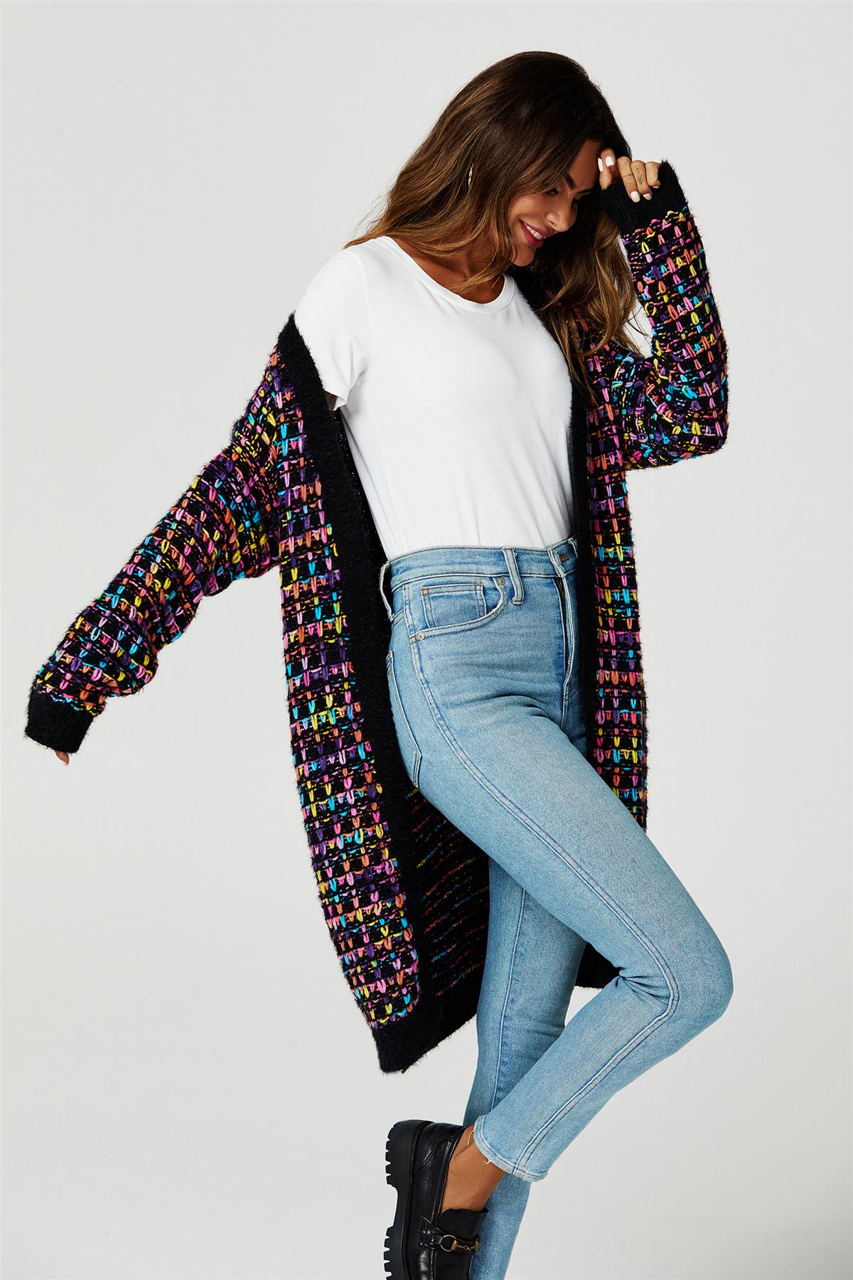 Rainbow Multicolour Speckles Boucle Check Cardigan In Black - AXON