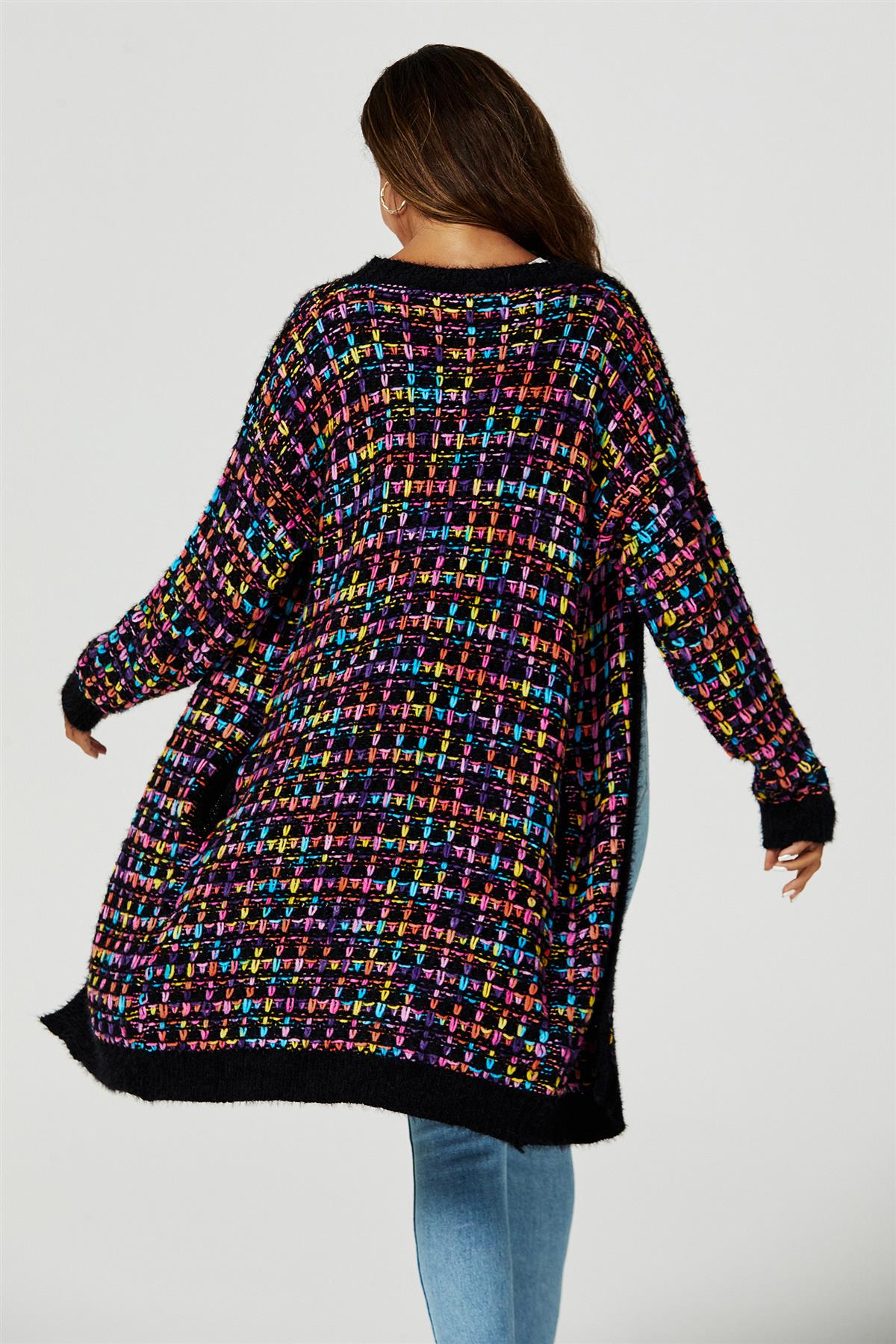 Rainbow Multicolour Speckles Boucle Check Cardigan In Black - AXON