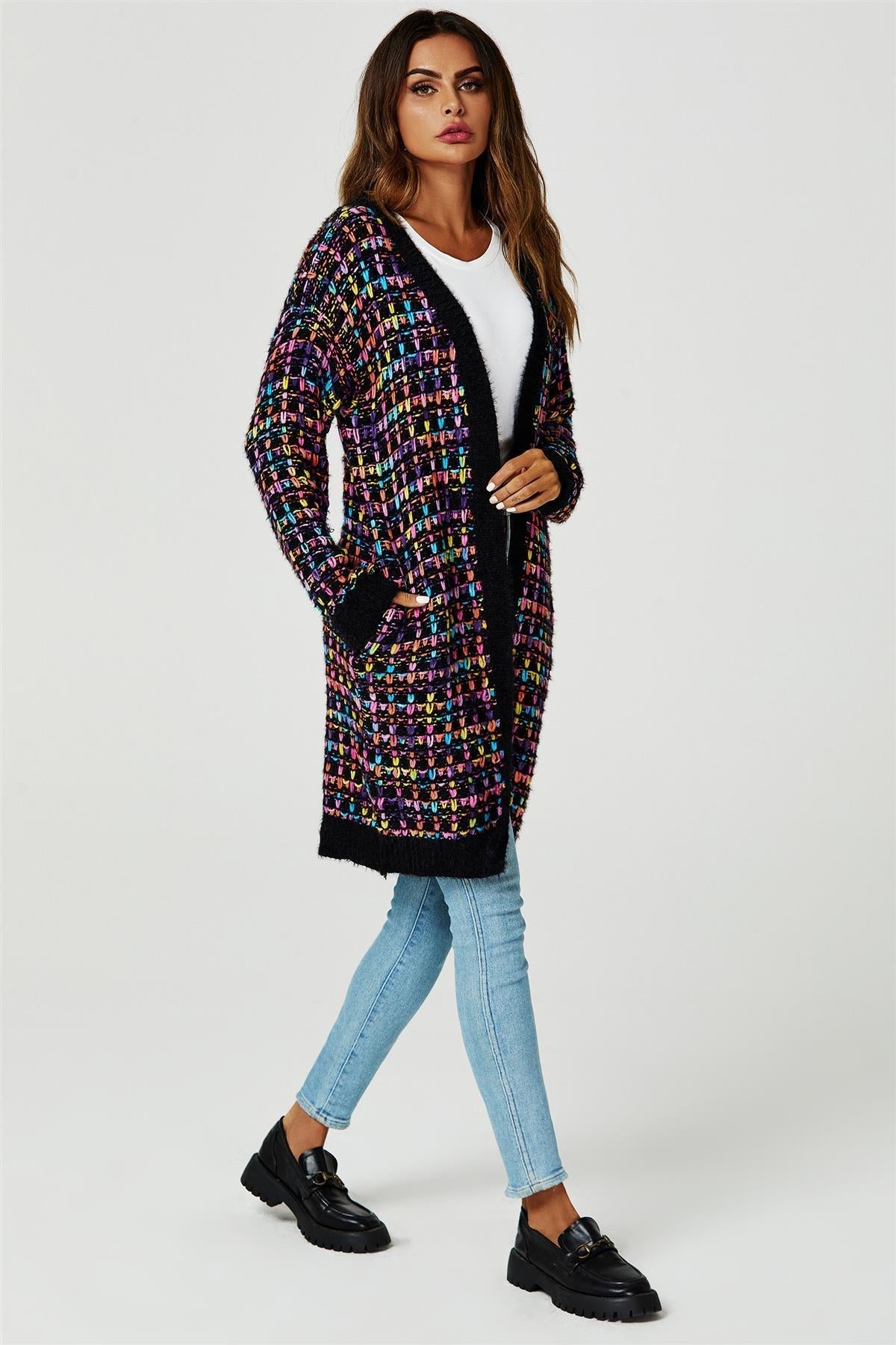 Rainbow Multicolour Speckles Boucle Check Cardigan In Black - AXON