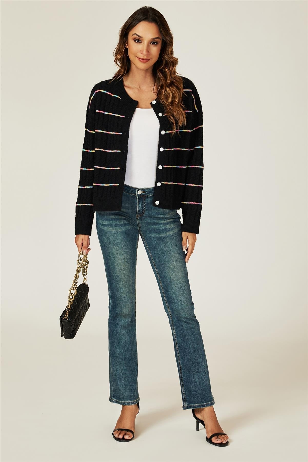 Rainbow Stripe Knitted Cardigan In Black - AXON