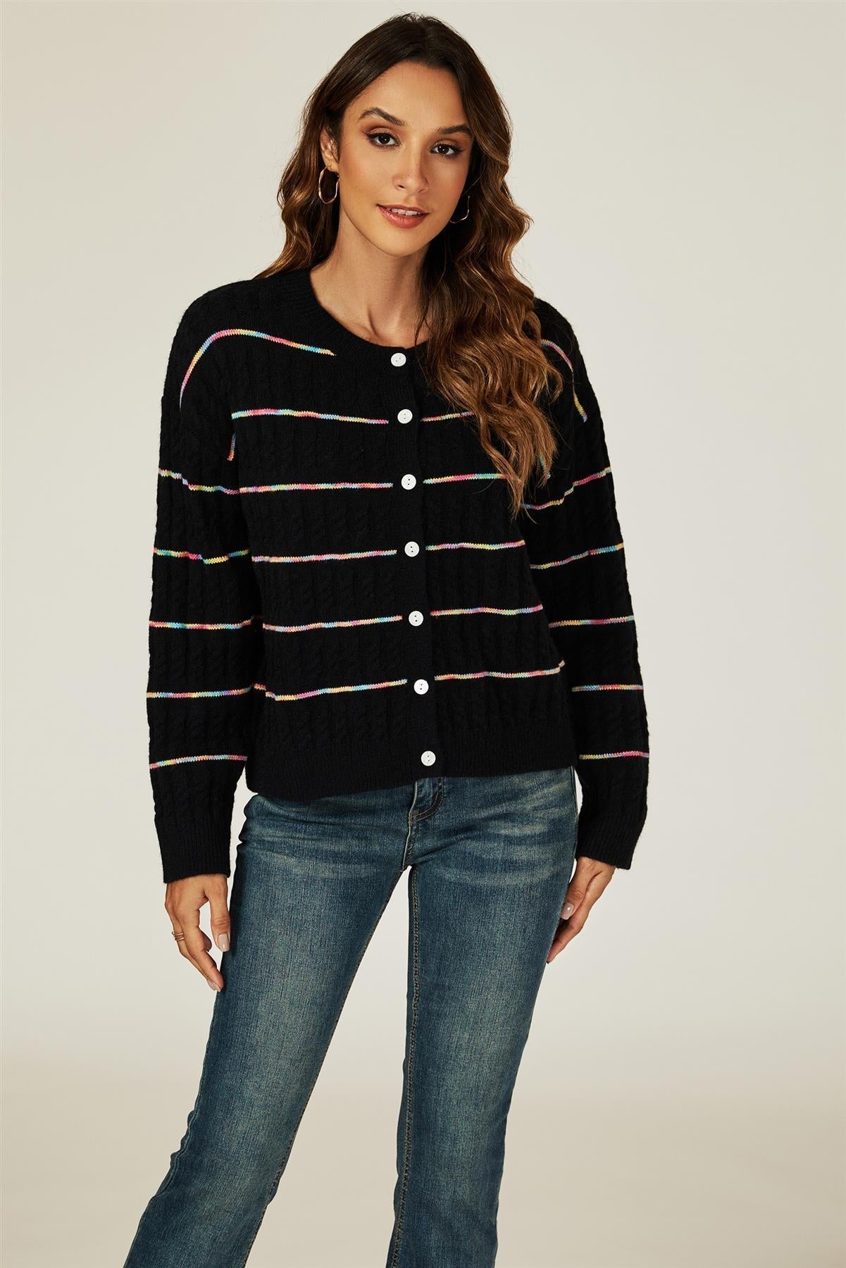 Rainbow Stripe Knitted Cardigan In Black - AXON
