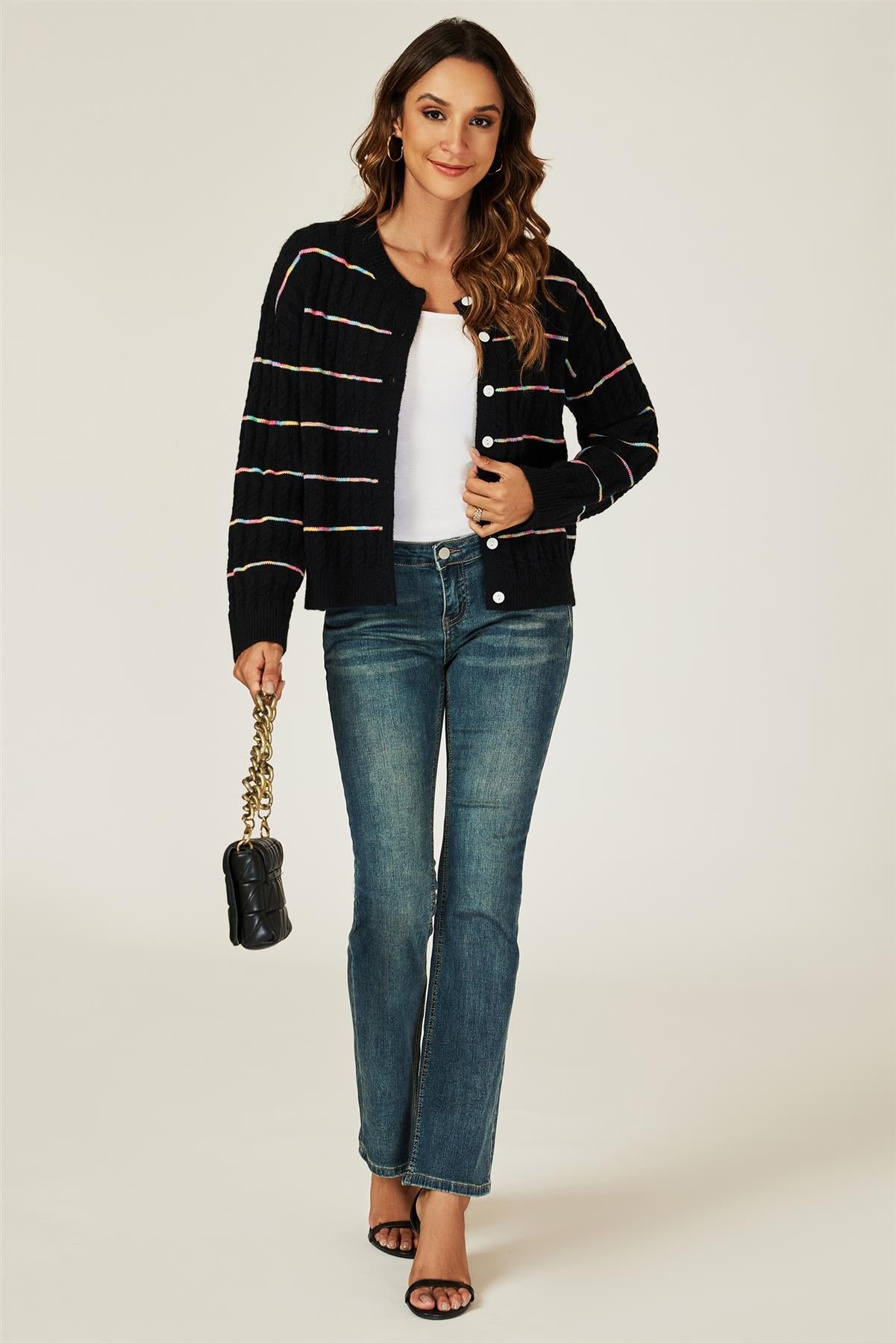 Rainbow Stripe Knitted Cardigan In Black - AXON