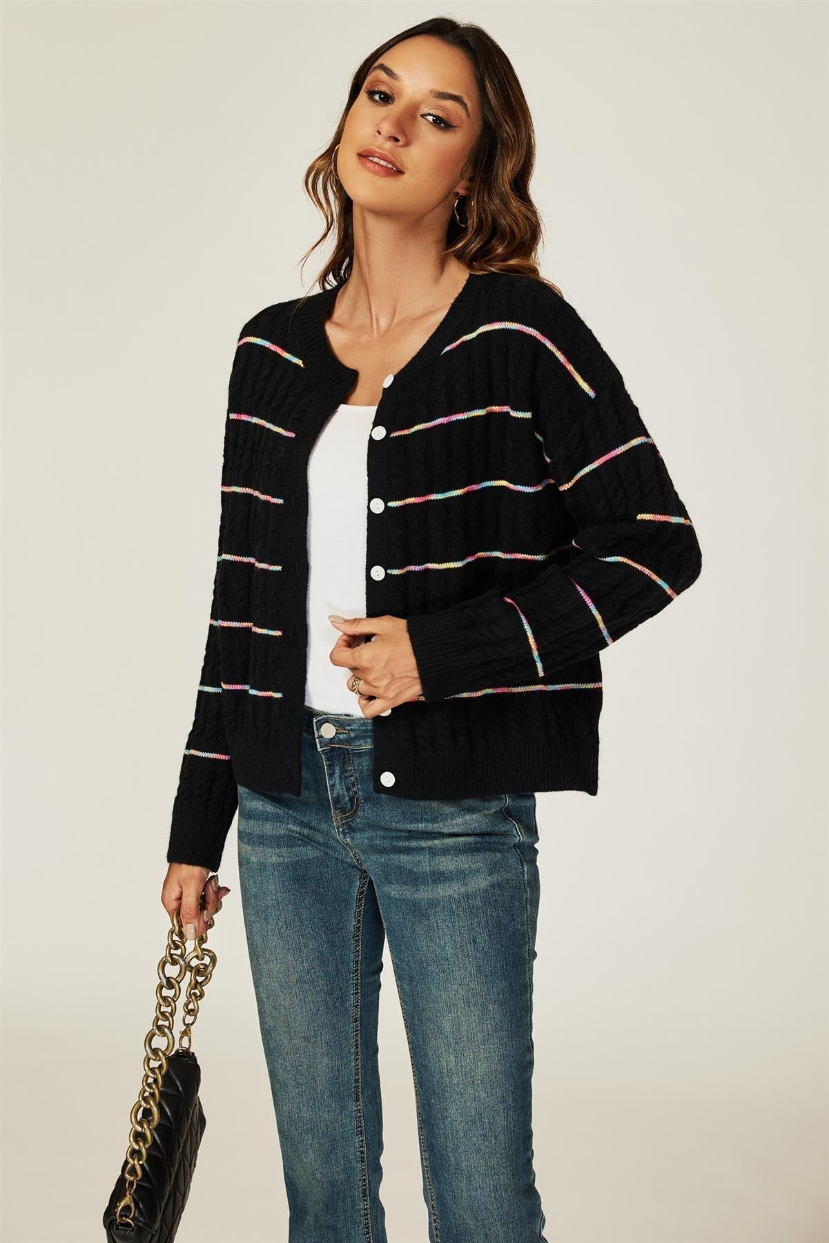 Rainbow Stripe Knitted Cardigan In Black - AXON