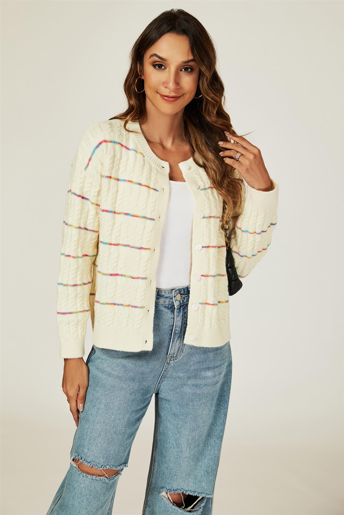 Rainbow Stripe Knitted Cardigan In White - AXON