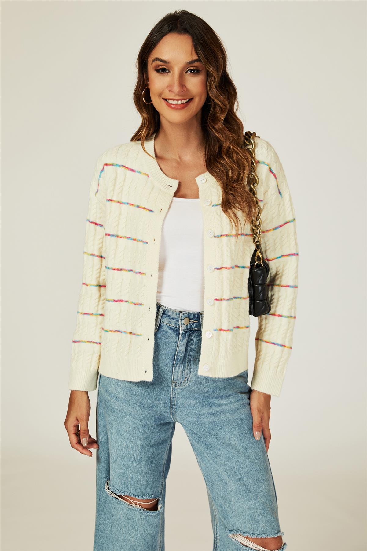 Rainbow Stripe Knitted Cardigan In White - AXON