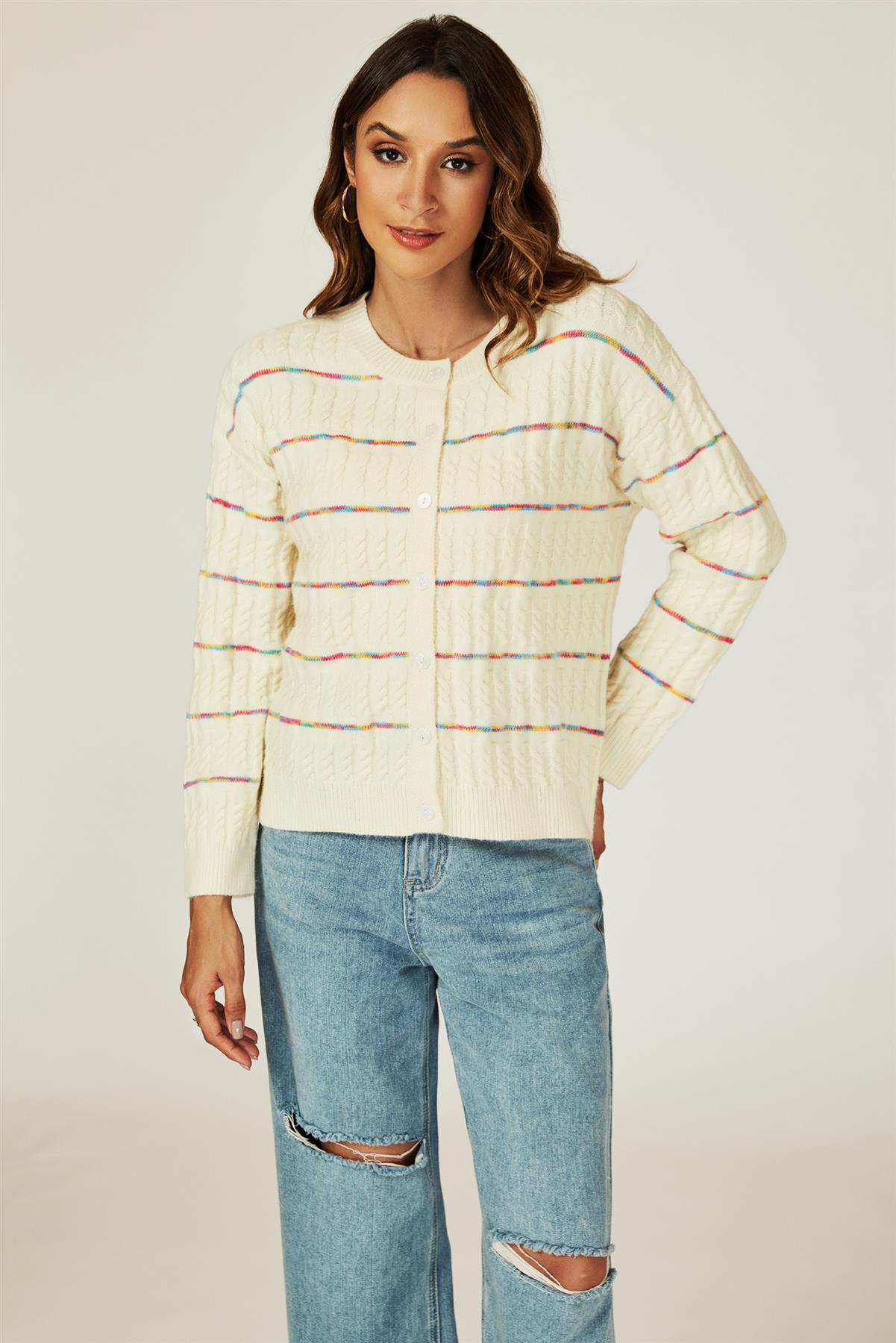 Rainbow Stripe Knitted Cardigan In White - AXON
