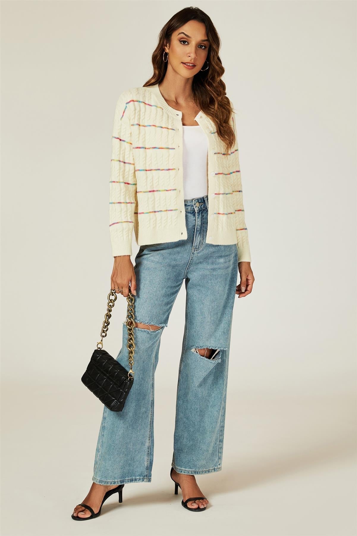 Rainbow Stripe Knitted Cardigan In White - AXON
