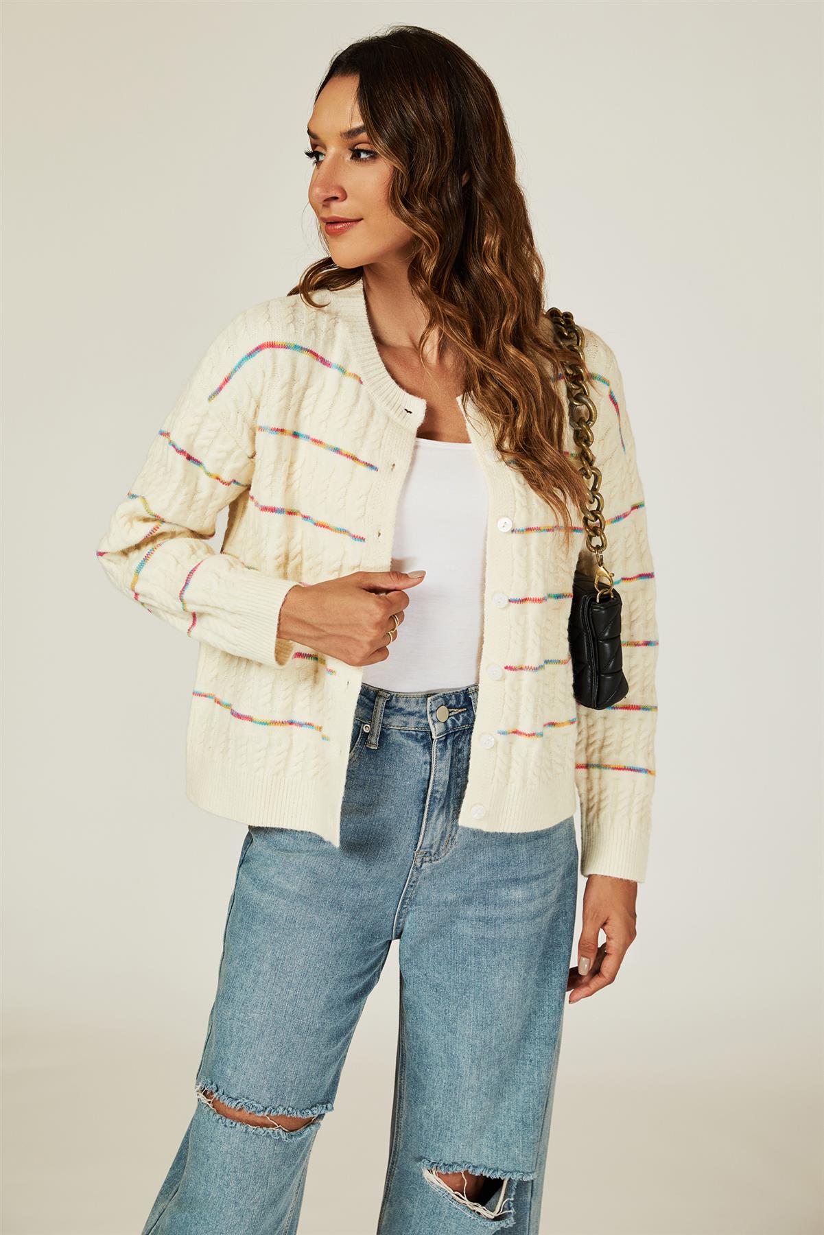Rainbow Stripe Knitted Cardigan In White - AXON