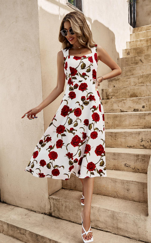 Red Roses Print Heart Neck Midi Dress In Off White - AXON