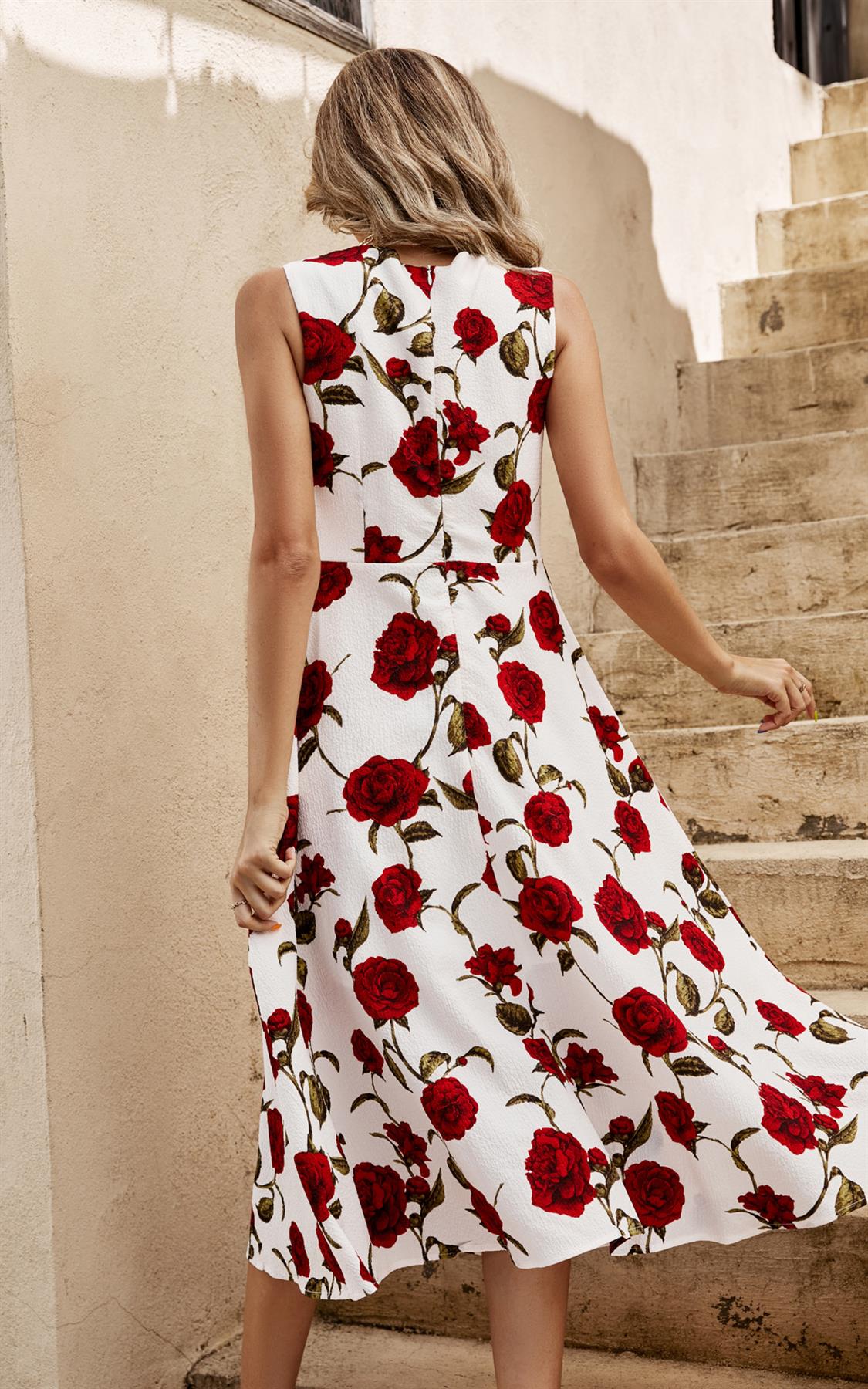 Red Roses Print Heart Neck Midi Dress In Off White - AXON