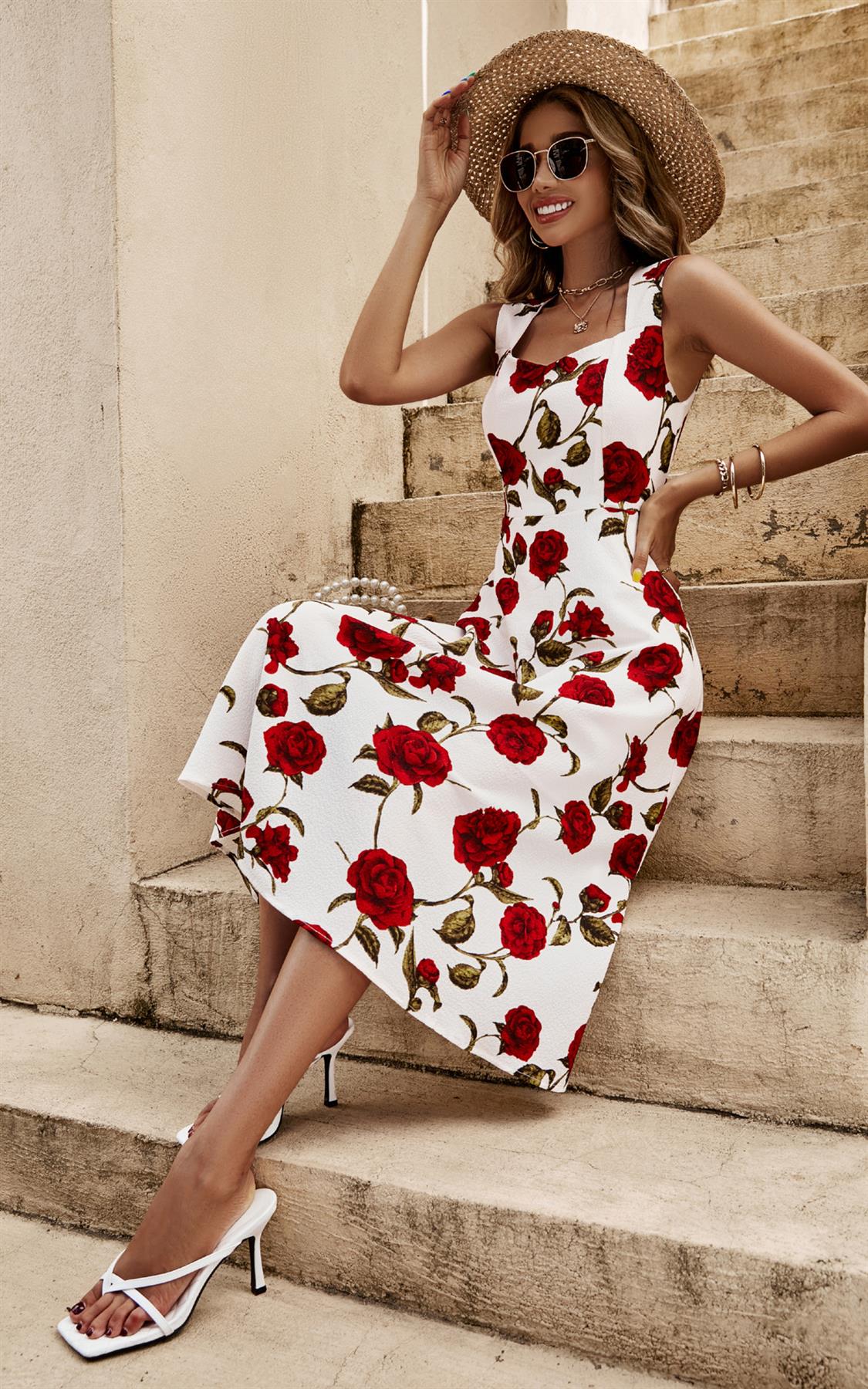 Red Roses Print Heart Neck Midi Dress In Off White - AXON