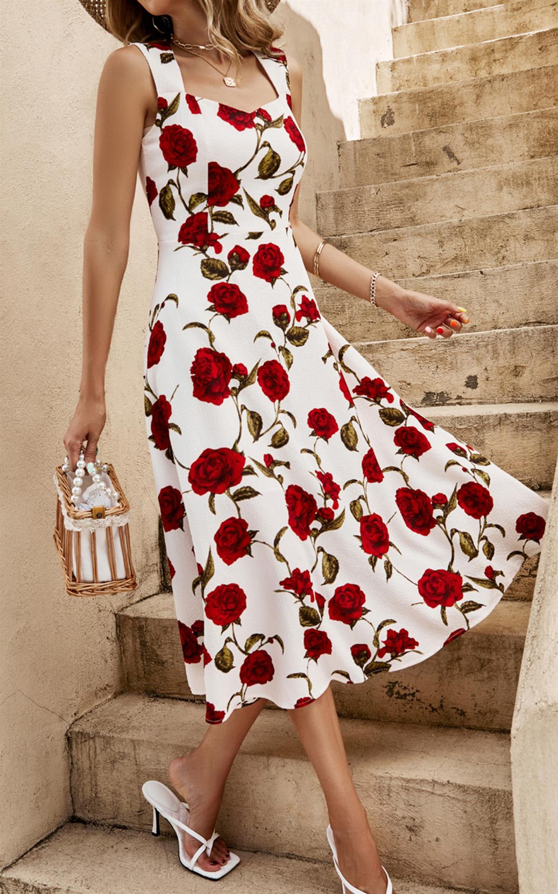 Red Roses Print Heart Neck Midi Dress In Off White - AXON