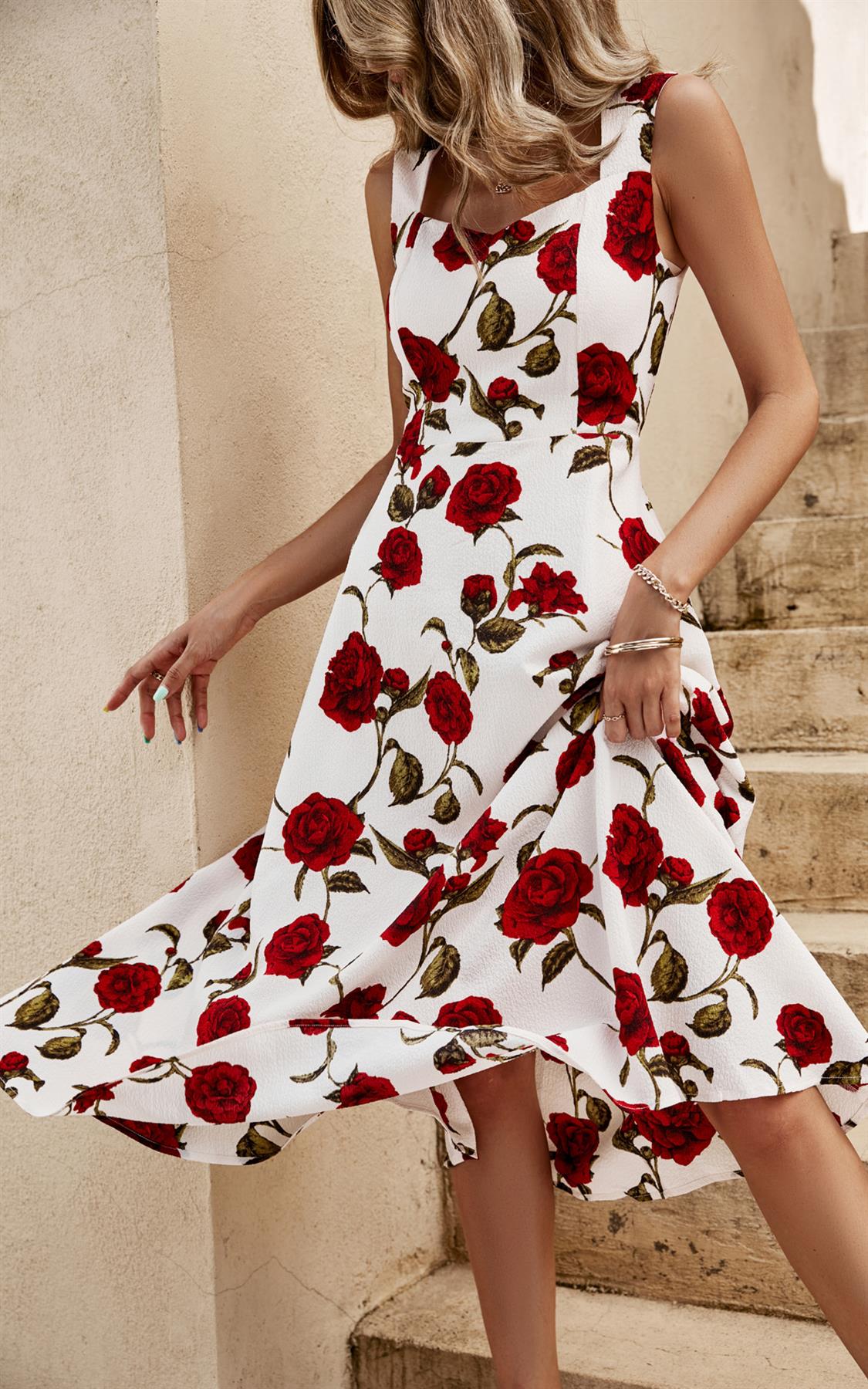 Red Roses Print Heart Neck Midi Dress In Off White - AXON