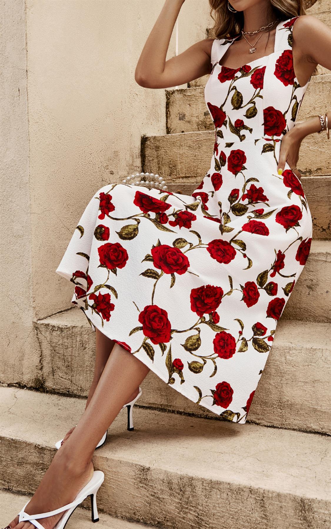 Red Roses Print Heart Neck Midi Dress In Off White - AXON