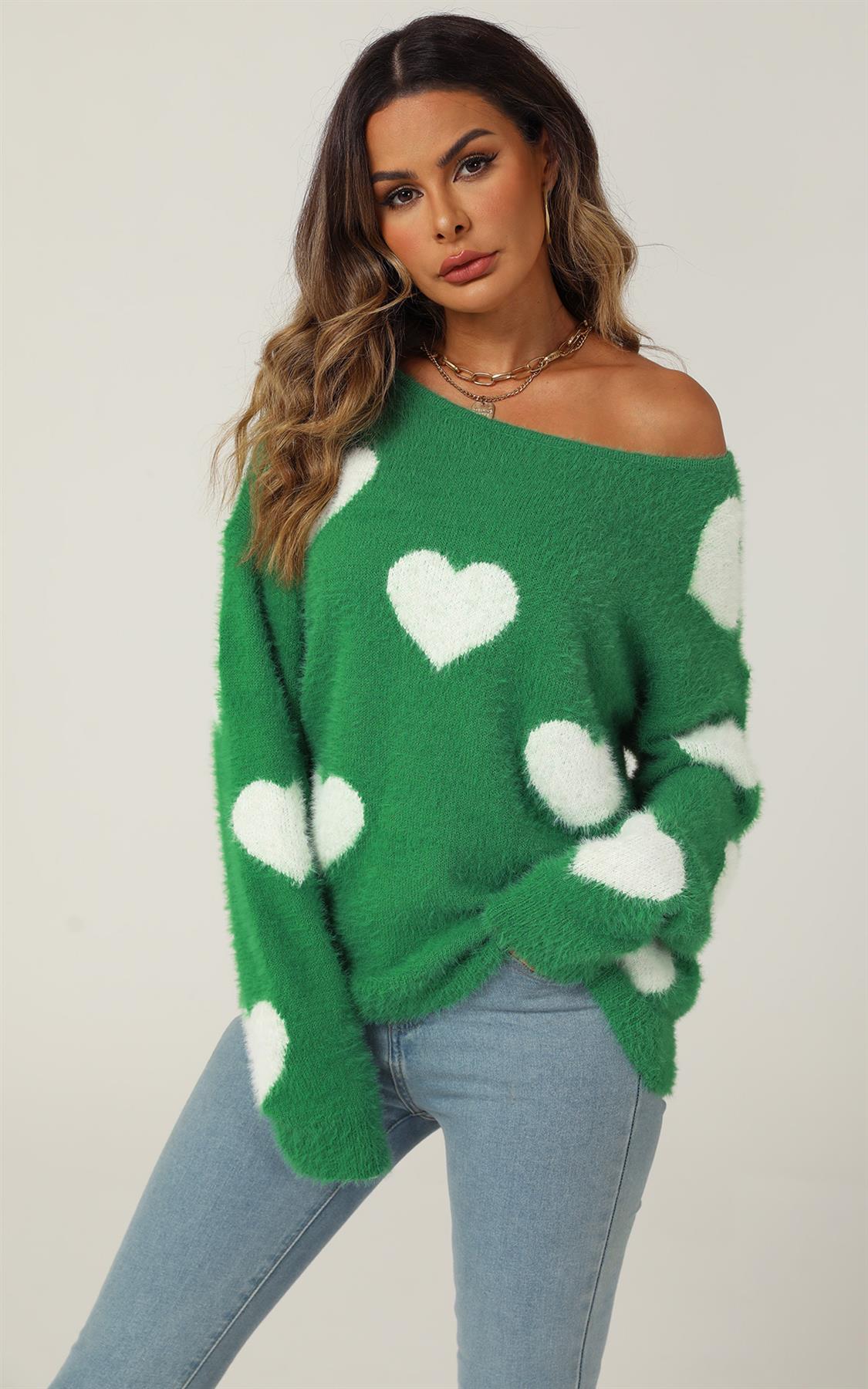 Relaxed Comfy White Heart Pattern Jumper Top In Green - AXON