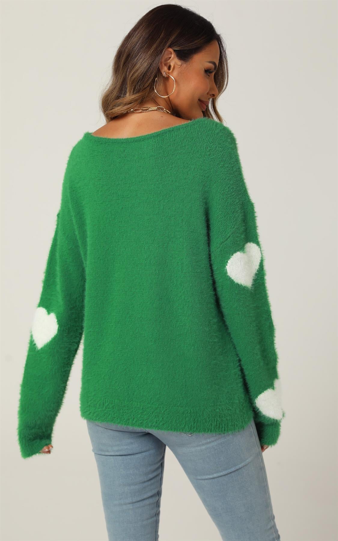 Relaxed Comfy White Heart Pattern Jumper Top In Green - AXON