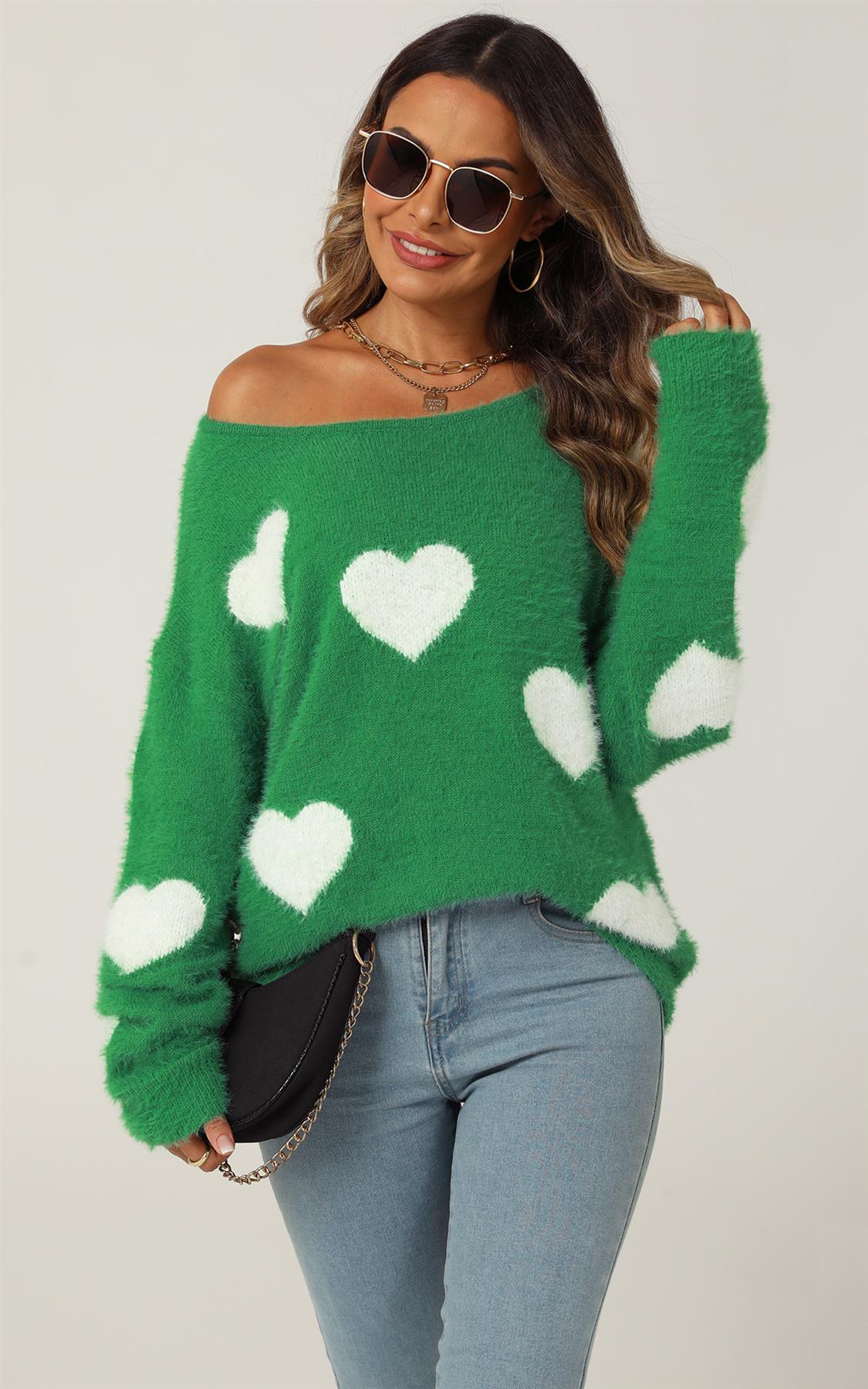 Relaxed Comfy White Heart Pattern Jumper Top In Green - AXON