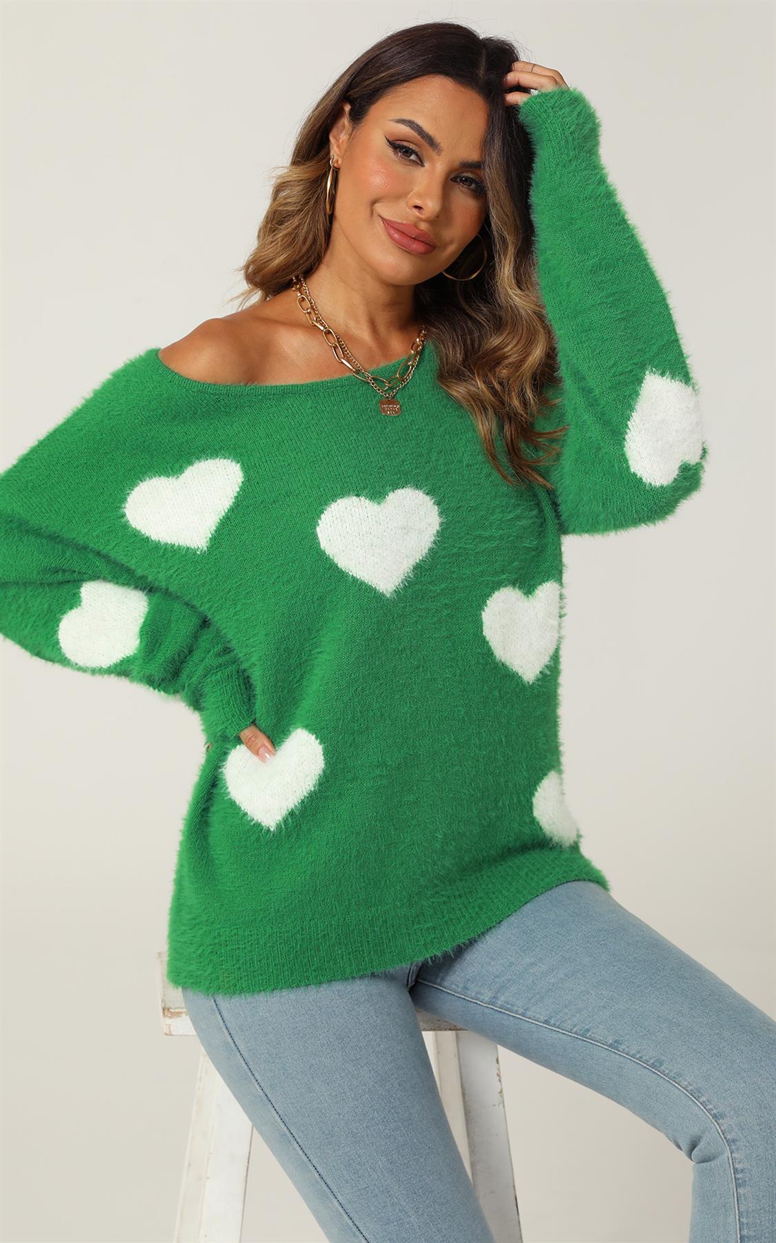 Relaxed Comfy White Heart Pattern Jumper Top In Green - AXON