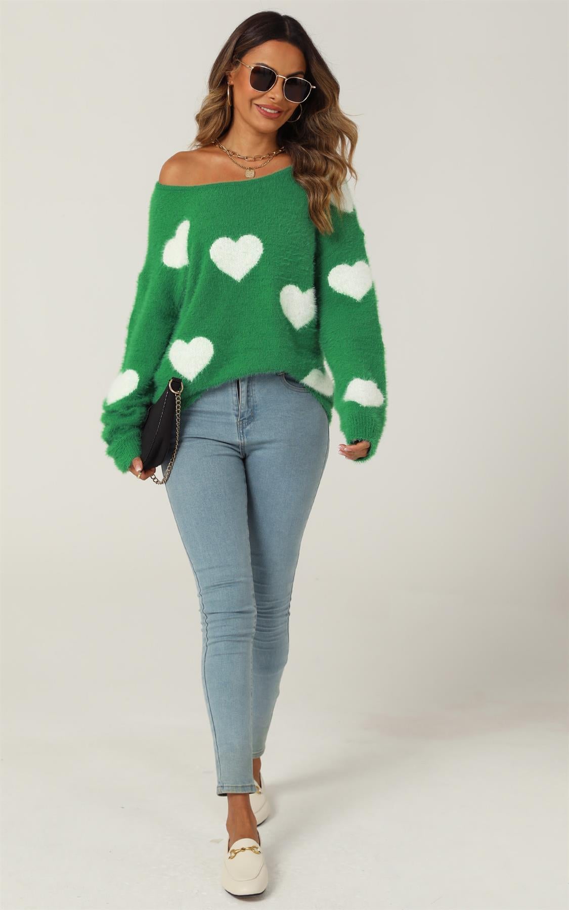 Relaxed Comfy White Heart Pattern Jumper Top In Green - AXON