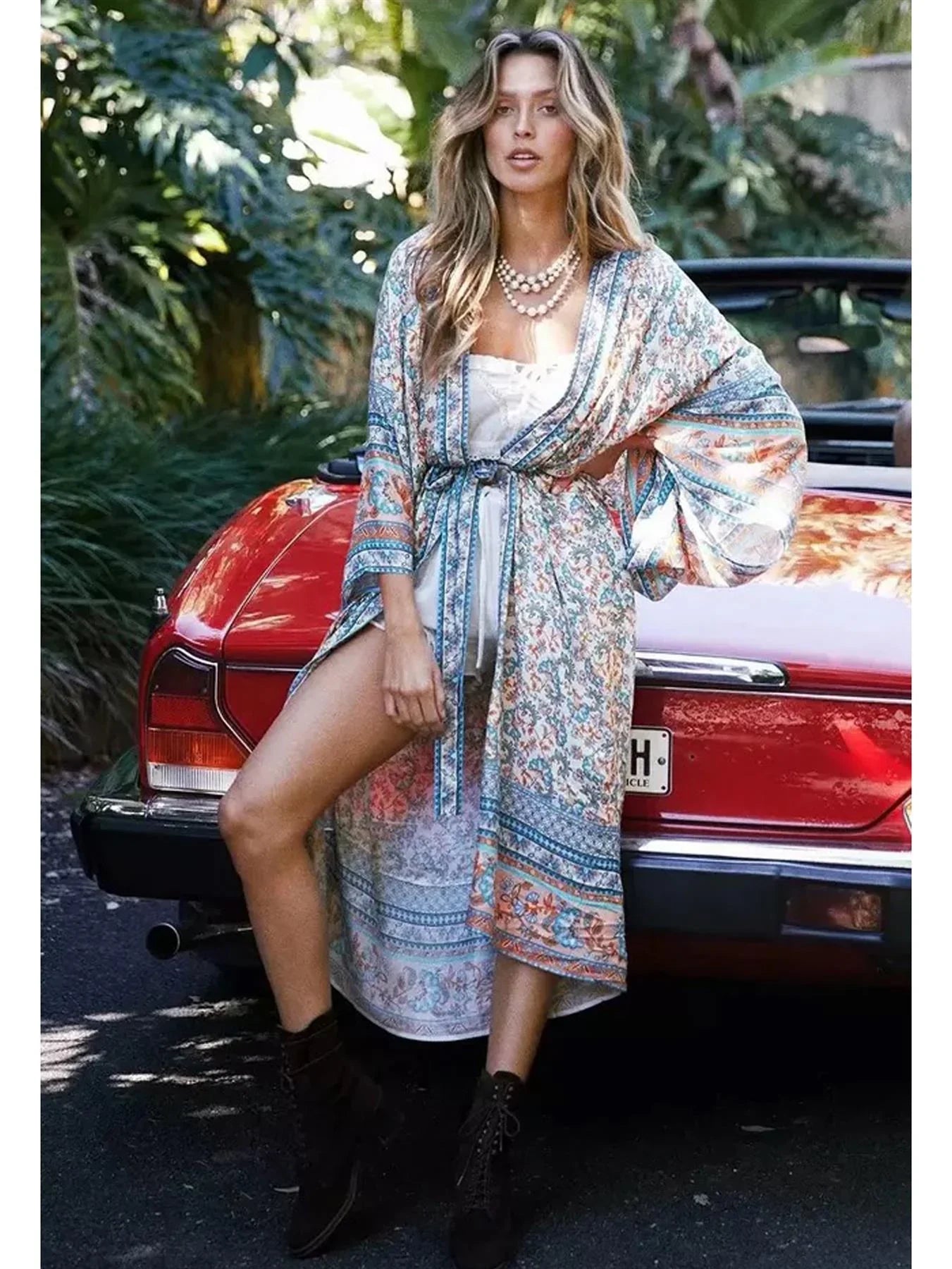 Relaxed Cotton Kimono In Blue Floral - AXON