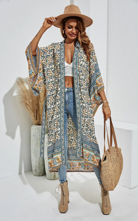 Relaxed Cotton Kimono In Blue Floral - AXON