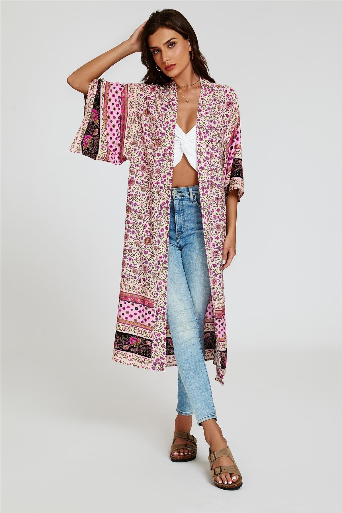 Relaxed Cotton Kimono In Pink - AXON