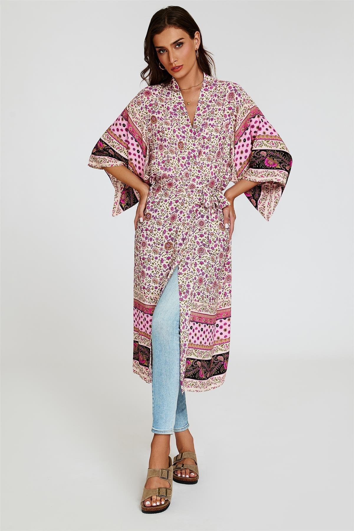 Relaxed Cotton Kimono In Pink - AXON