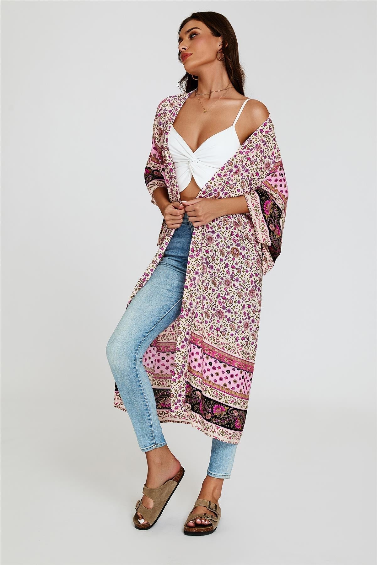 Relaxed Cotton Kimono In Pink - AXON