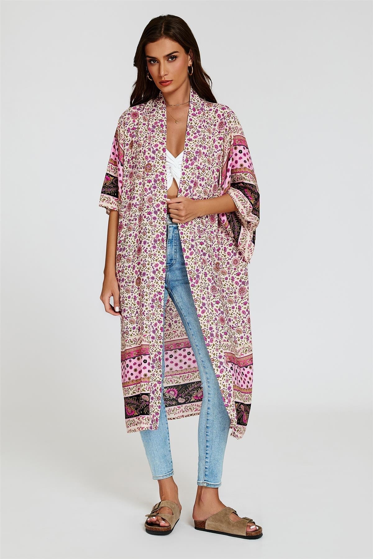 Relaxed Cotton Kimono In Pink - AXON
