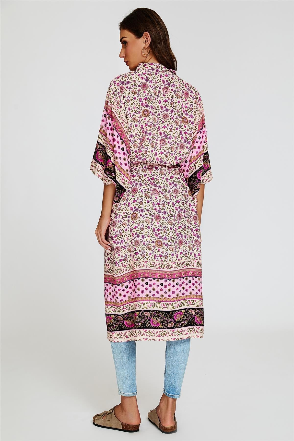 Relaxed Cotton Kimono In Pink - AXON