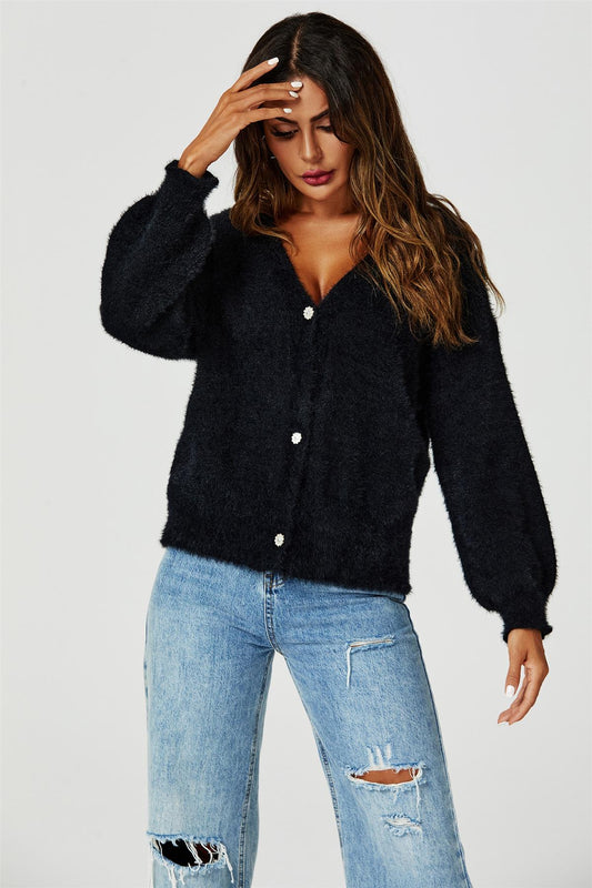 Relaxed Cozy Soft Cardigan In Black - AXON