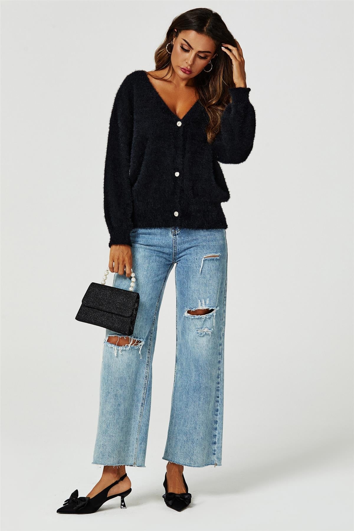 Relaxed Cozy Soft Cardigan In Black - AXON