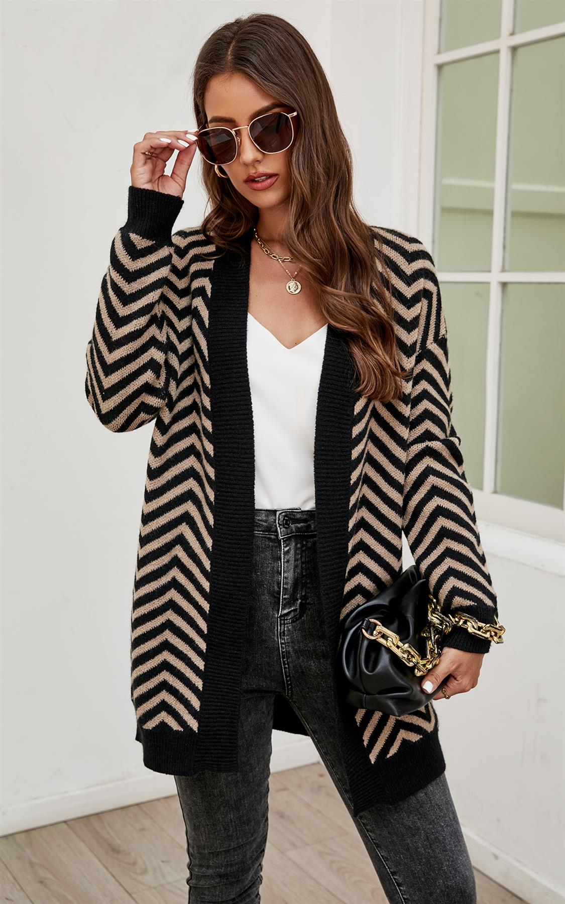 Relaxed Geometric Intarsia Cozy Soft Cardigan In Beige & Black - AXON