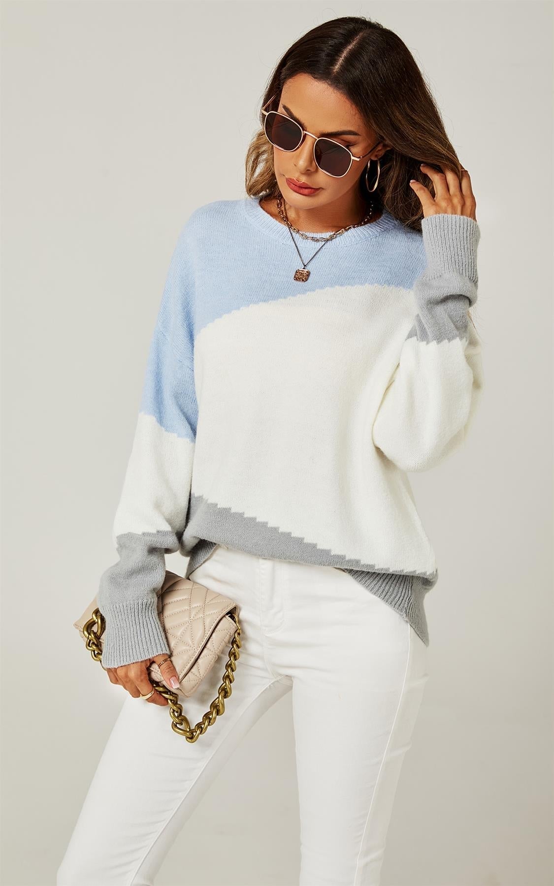 Relaxed Grey & White Block Colour Jumper Top In Blue - AXON