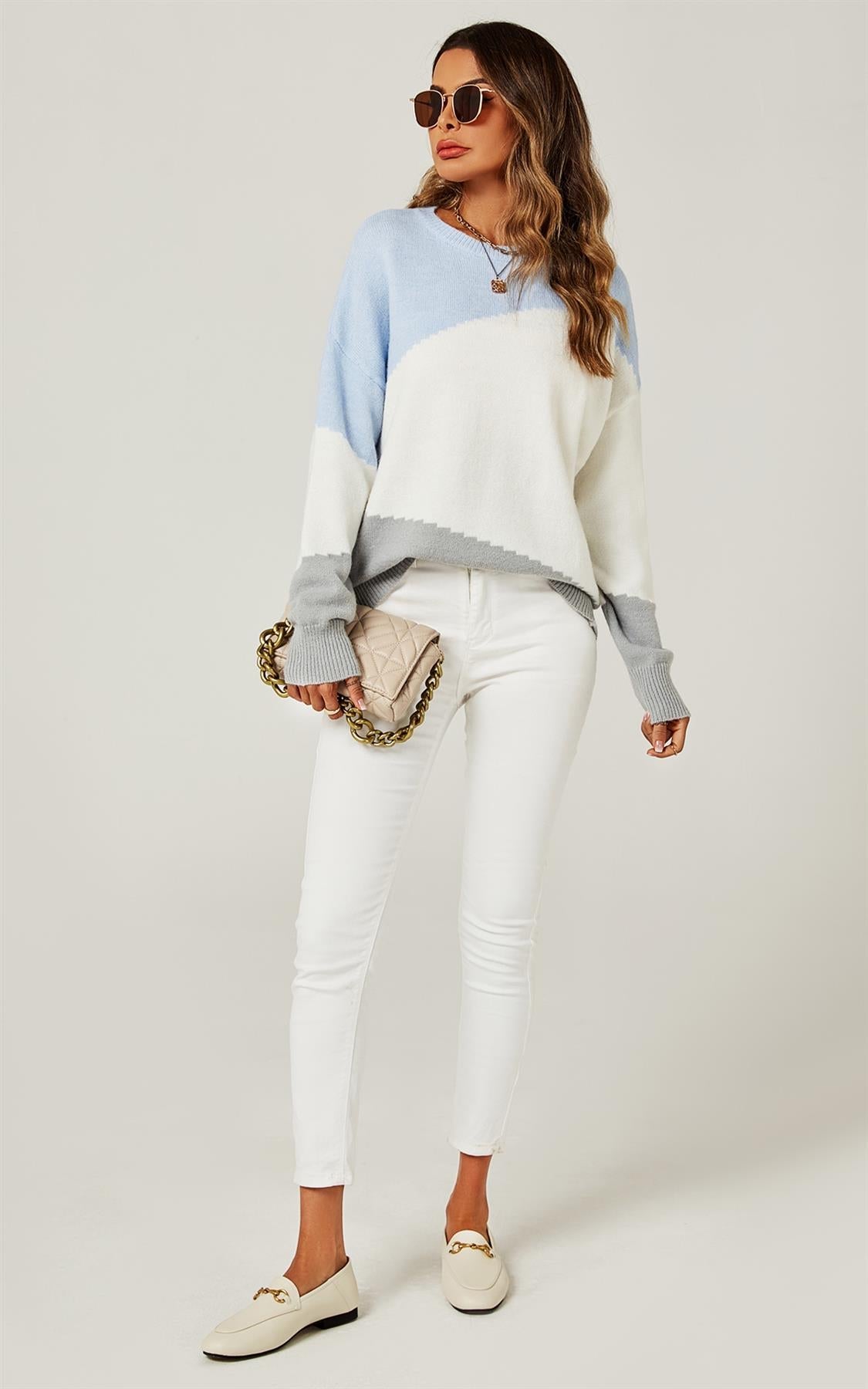 Relaxed Grey & White Block Colour Jumper Top In Blue - AXON
