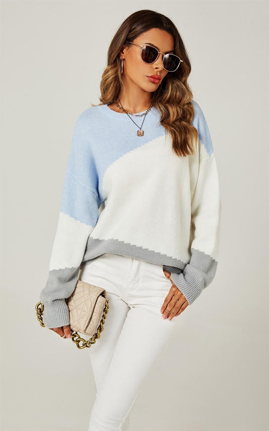 Relaxed Grey & White Block Colour Jumper Top In Blue - AXON