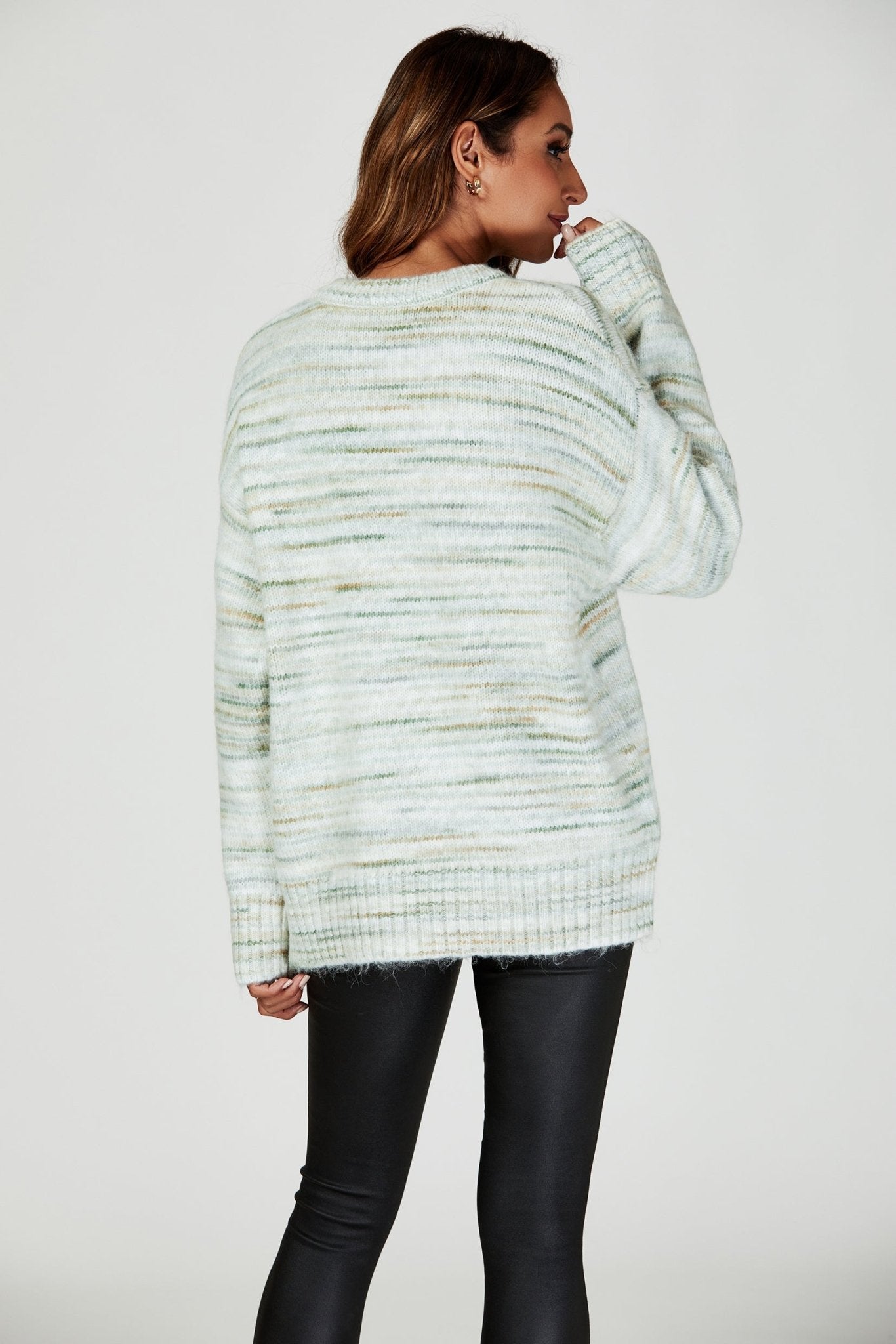 Relaxed Multi Knitted V Neck Jumper in Green und Cream - AXON
