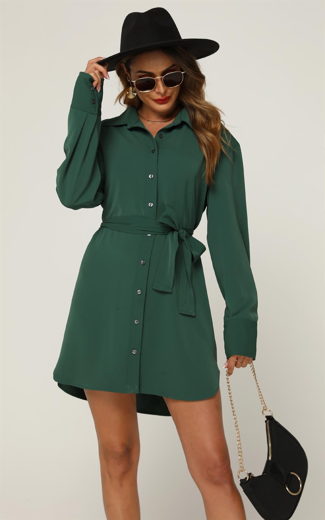Relaxed Rounded Side Split Mini Shirt Dress In Green - AXON