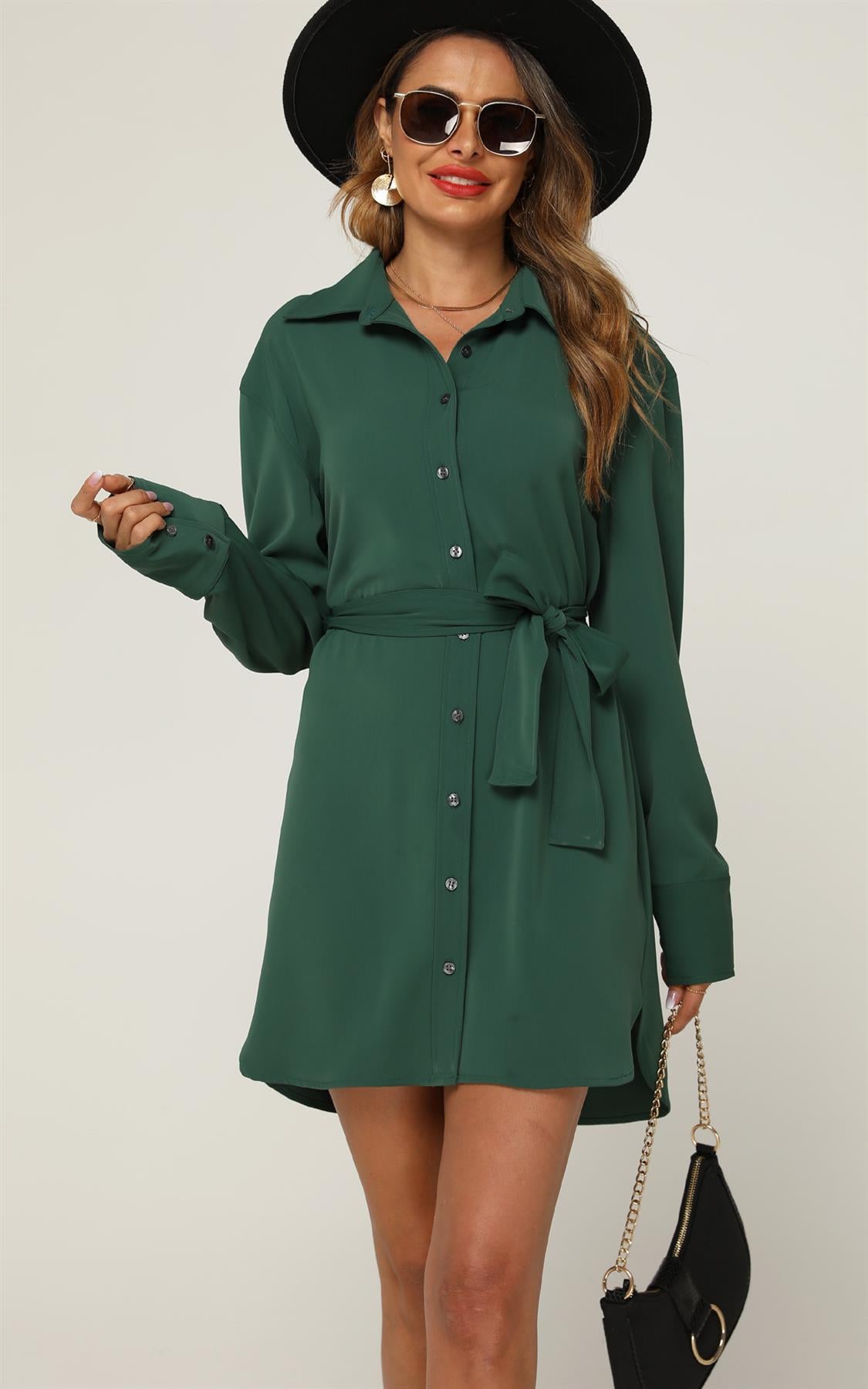 Relaxed Rounded Side Split Mini Shirt Dress In Green - AXON